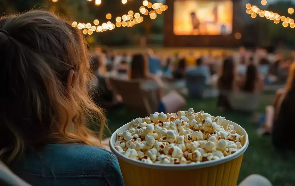 Ludzie siedzący na leżakach na trawie, oglądają wyświetlany film na dużym białym ekranie, w centrum zdjęcia duży pojemnik z popcornem