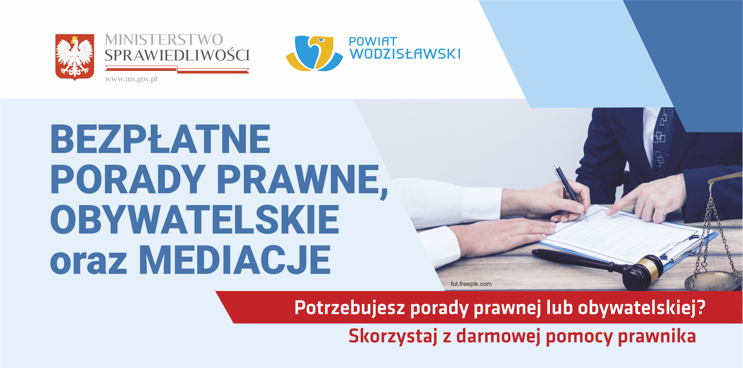 Baner reklamujący nieodpłatną pomoc prawną, poradnictwo obywatelskie i&nbsp;mediacje