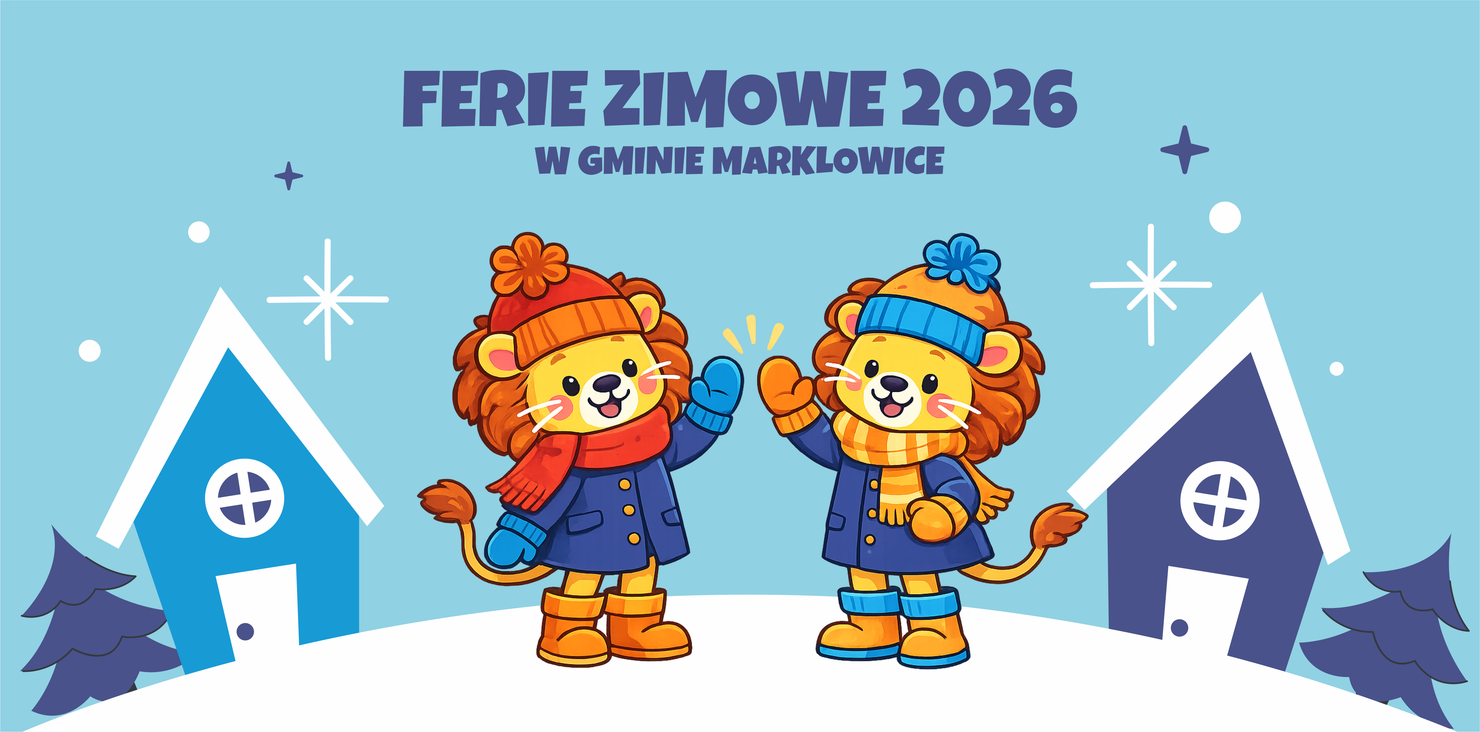 Niebieskie tło, na&nbsp;białej powierzchni stoją dwa lwy w&nbsp;zimowych ubraniach, za nimi domy i&nbsp;choinki
