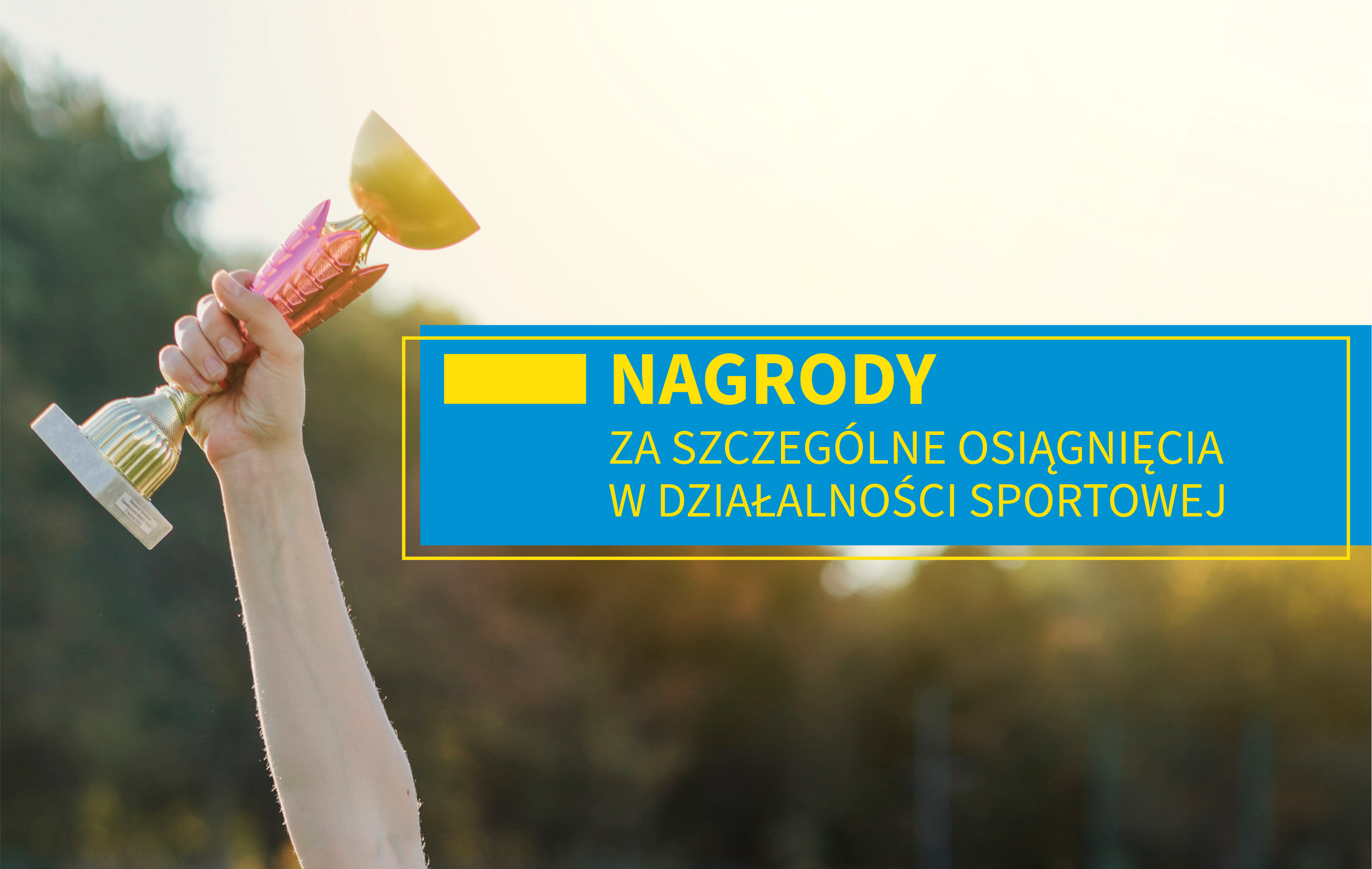 Uniesiona w&nbsp;g&oacute;rę ręka, trzymająca puchar, napis "Nagrody za szczeg&oacute;lne osiągniecia w&nbsp;działalności sportowej" 