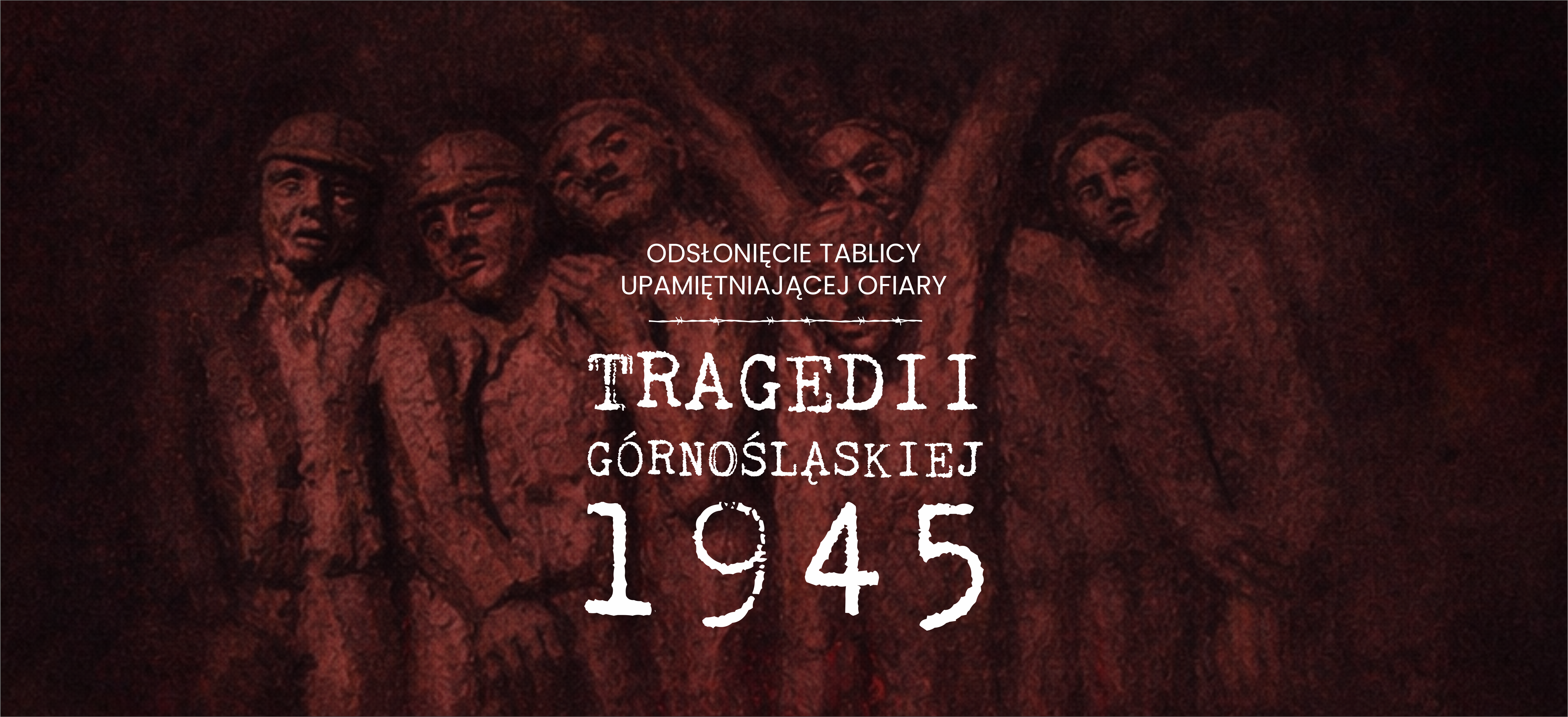 Na bordowym tle postacie z&nbsp;pomnika ofia Tragedii G&oacute;rnośląskiej z&nbsp;Bytomia Miechowic