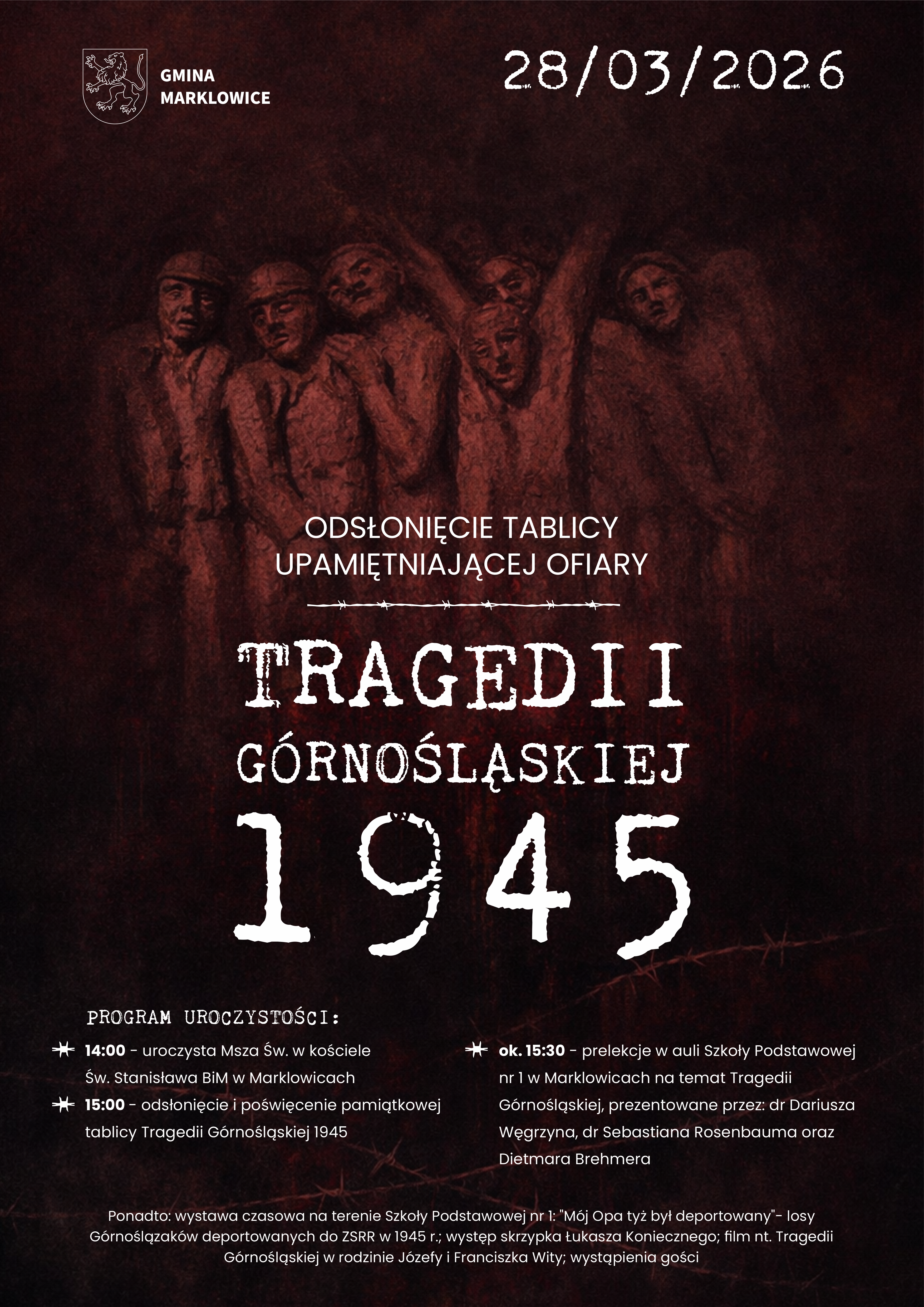 Plakat do wydarzenia odsłonięcia tablicy upamietniającej ofiary Tragedii G&oacute;rnośląskiej