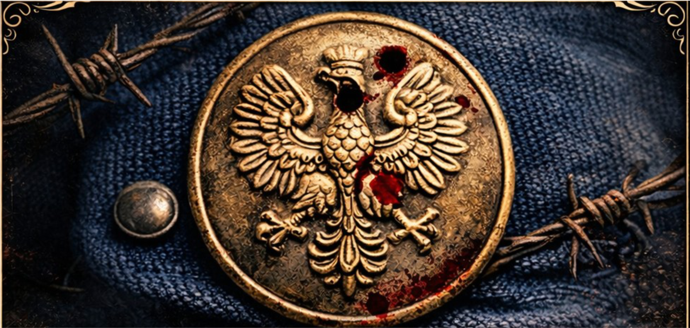 Fragment munduru wraz z&nbsp;ozdobnym guzikiem z&nbsp;godłem Polski, ze śladami krwi, obok dwa fragmenty drutu kolczastego