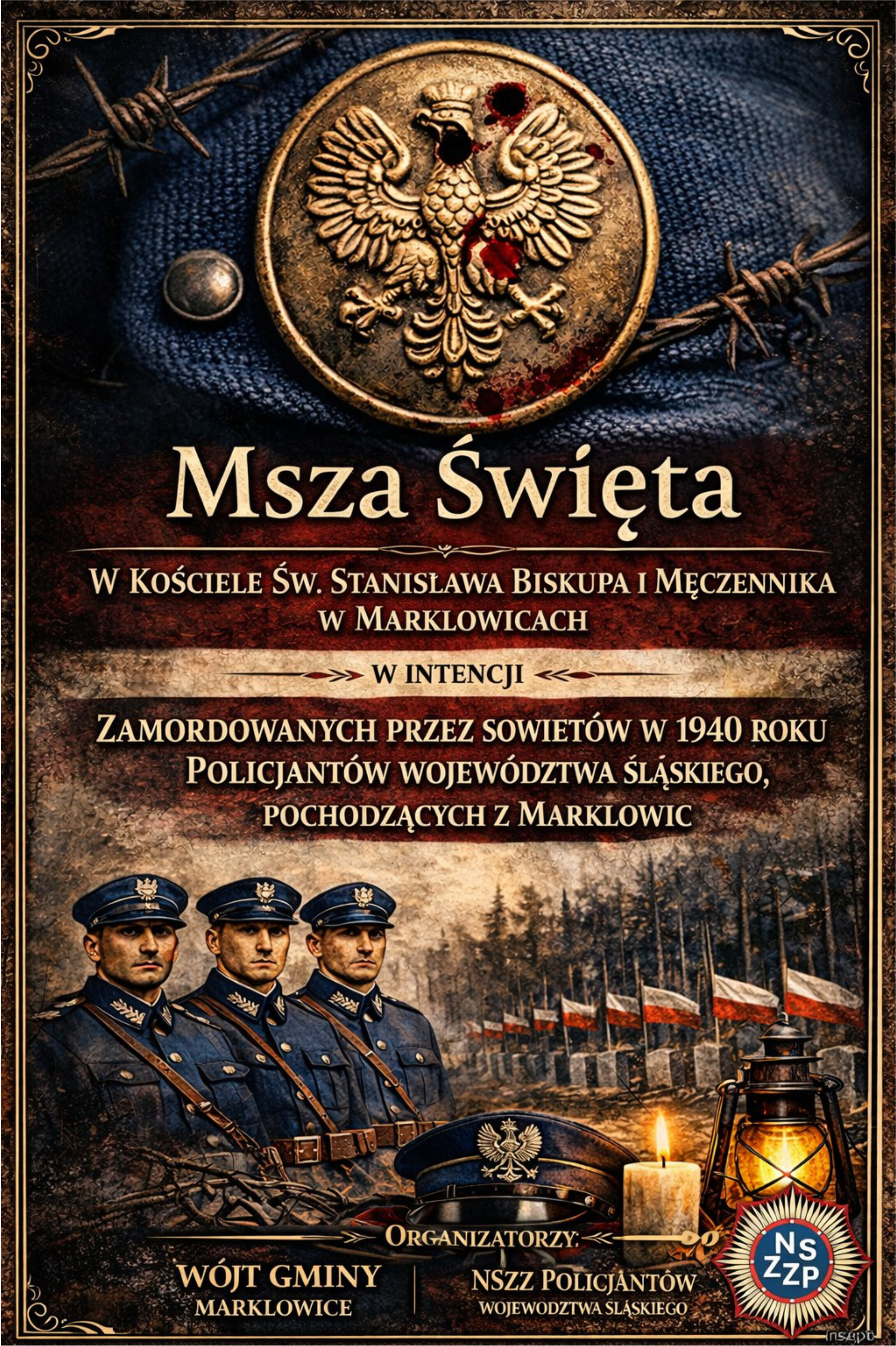 Plakat do wydarzenia msza św. w&nbsp;intencji zamordowanych przez sowiet&oacute;w w&nbsp;1940 r policjant&oacute;w pochodzących z&nbsp;Marklowic