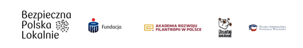Logotypy Bezpieczna Polska Lokalnie, Banku PKO, Akademia Rozwoju Filantropii w&nbsp;Polsce, Działaj Lokalnie, Polsko-Amerykańska Fundacja Wolności