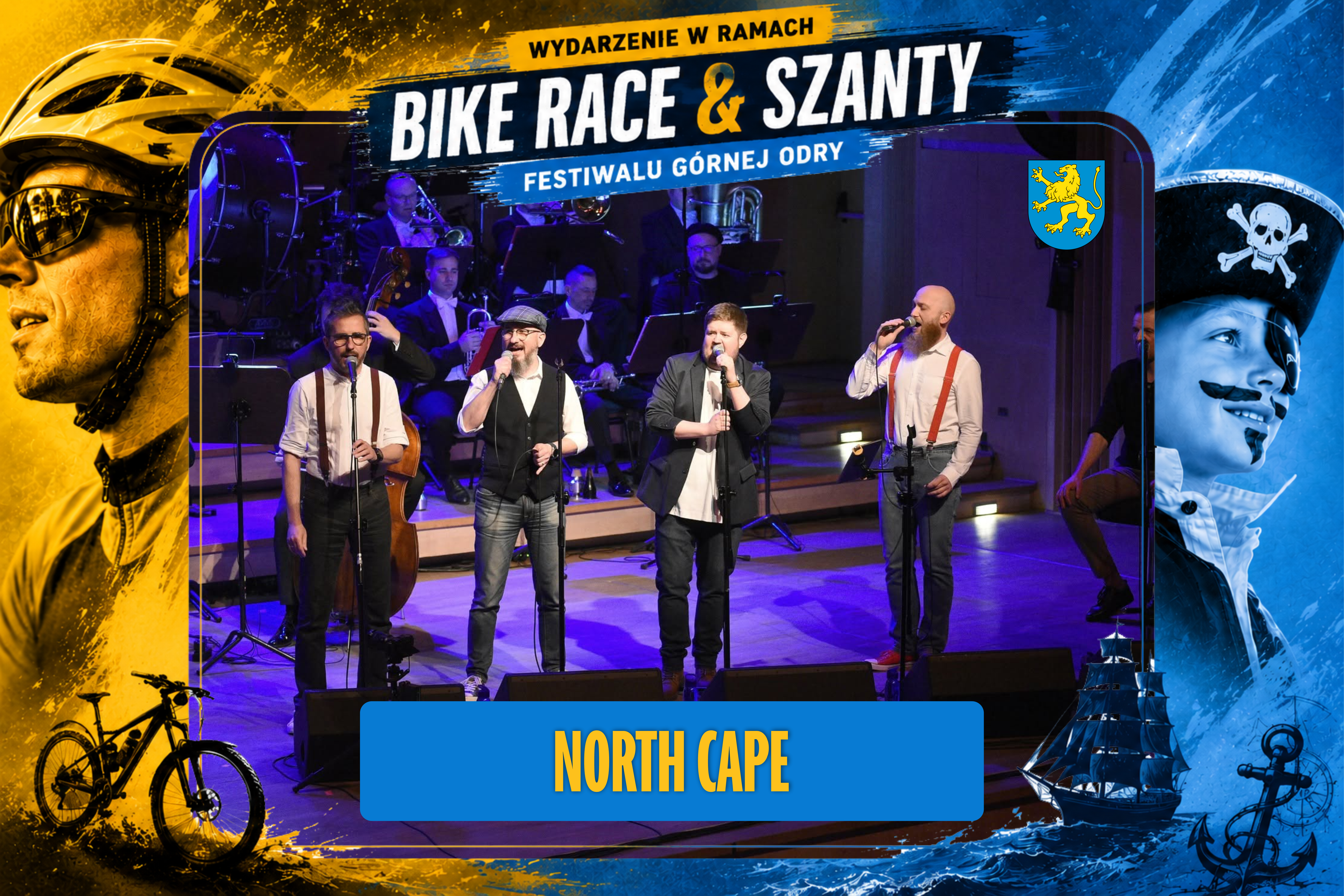 Ramka w&nbsp;kolorach wydarzenia Bike Race & Szanty ż&oacute;łto niebieska, w&nbsp;środku zdjęcie 4 meżczyzn na&nbsp;scenie, członk&oacute;w grupy North Cape