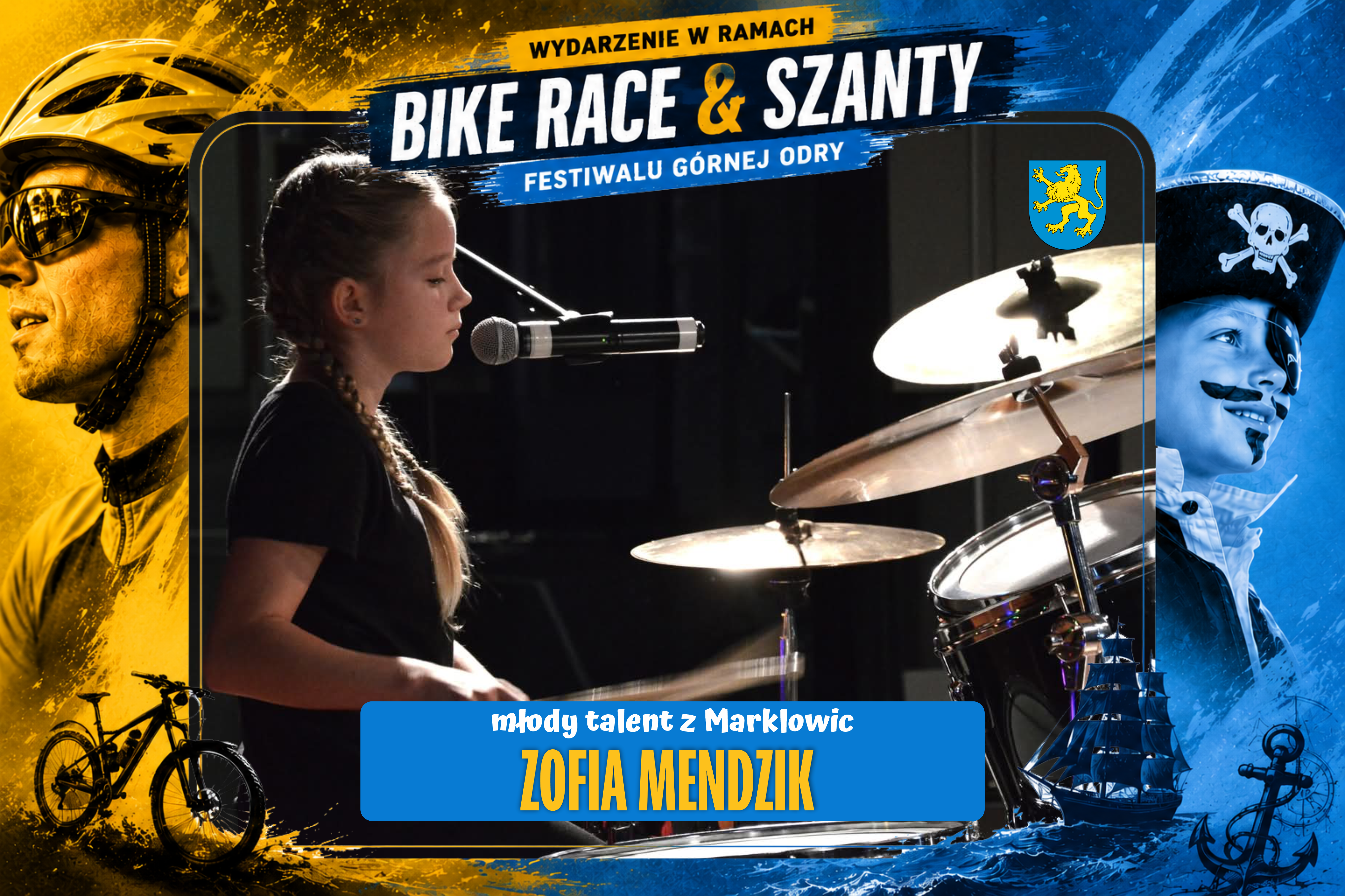 Ramka w&nbsp;kolorach wydarzenia Bike Race & Szanty, w&nbsp;środku zdjęcie młodej dziewczyny przy perkusji