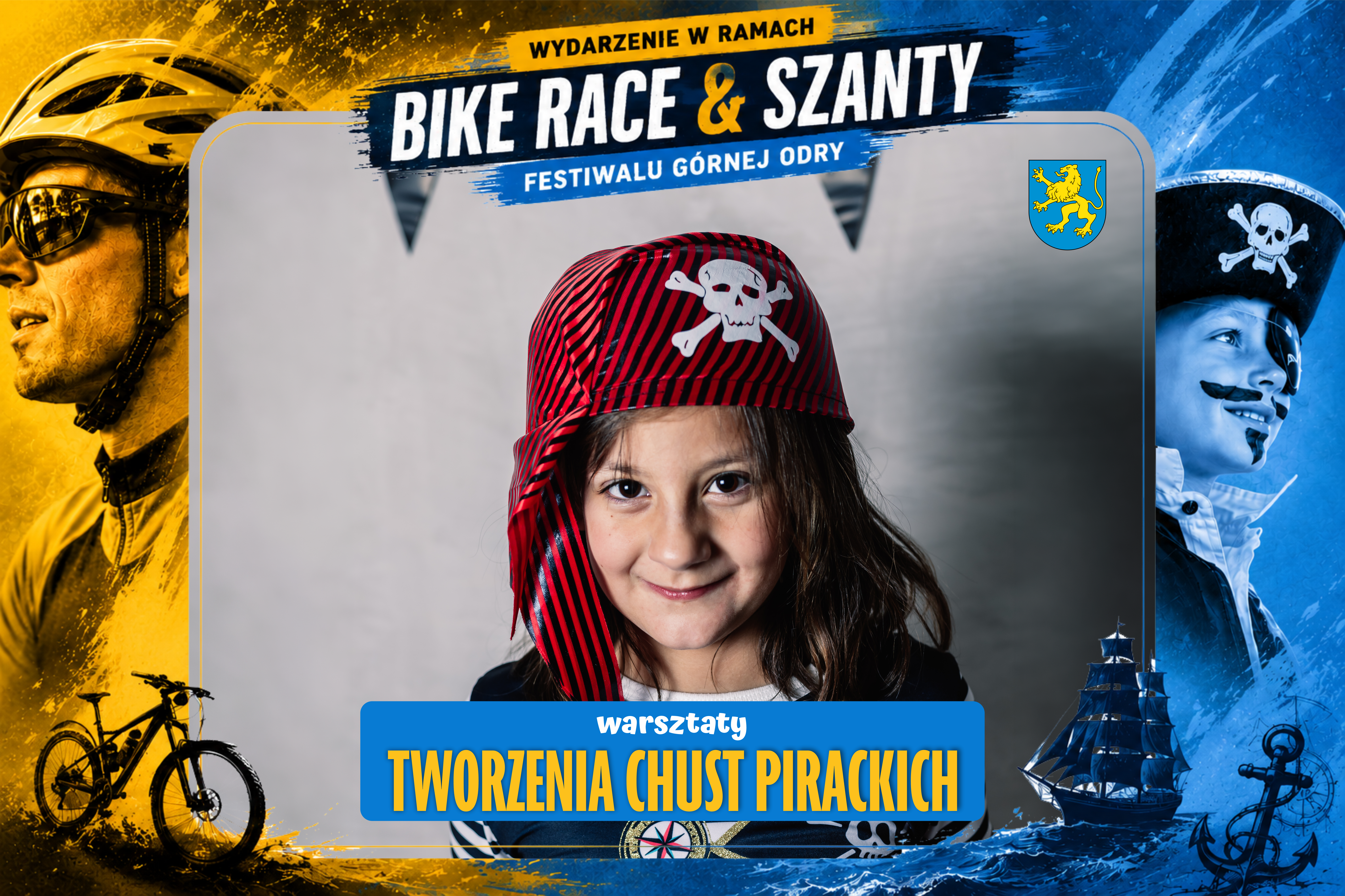 Ramka w&nbsp;kolorach wydarzenia BIKE RACE & SZANTY ż&oacute;łto-niebieska, w&nbsp;niej zdjęcie dziecka przebranego za pirata w&nbsp;pirackiej chuście na&nbsp;głowie