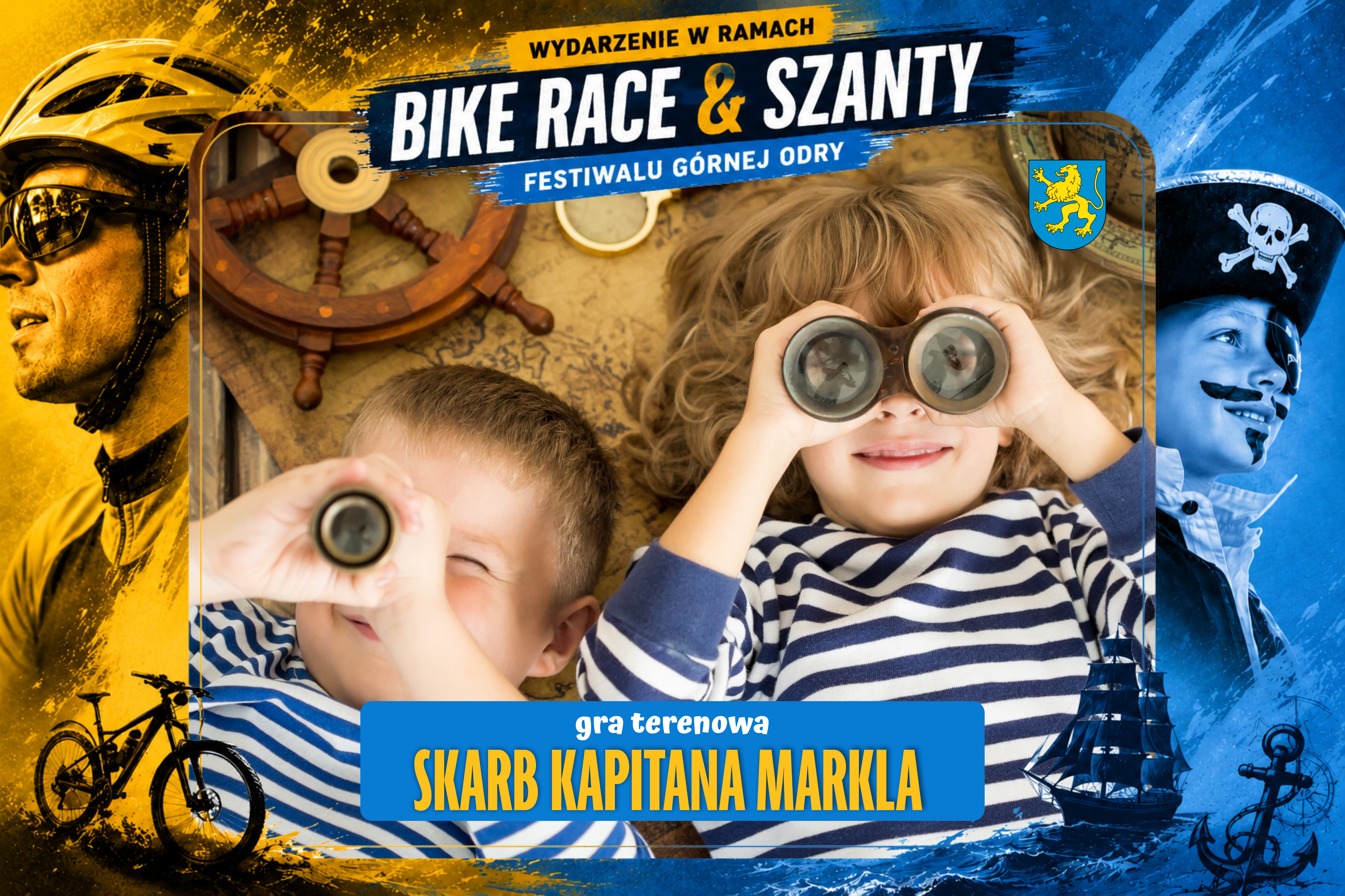 Ramka do zdjęcia z&nbsp;motywem przewodnim wydarzenia "Bike Race & Szanty", w&nbsp;środku zdjęcie dw&oacute;jki dzieci w&nbsp;biało niebieskich koszulkach z&nbsp;lunetami przytkniętymi do oczu