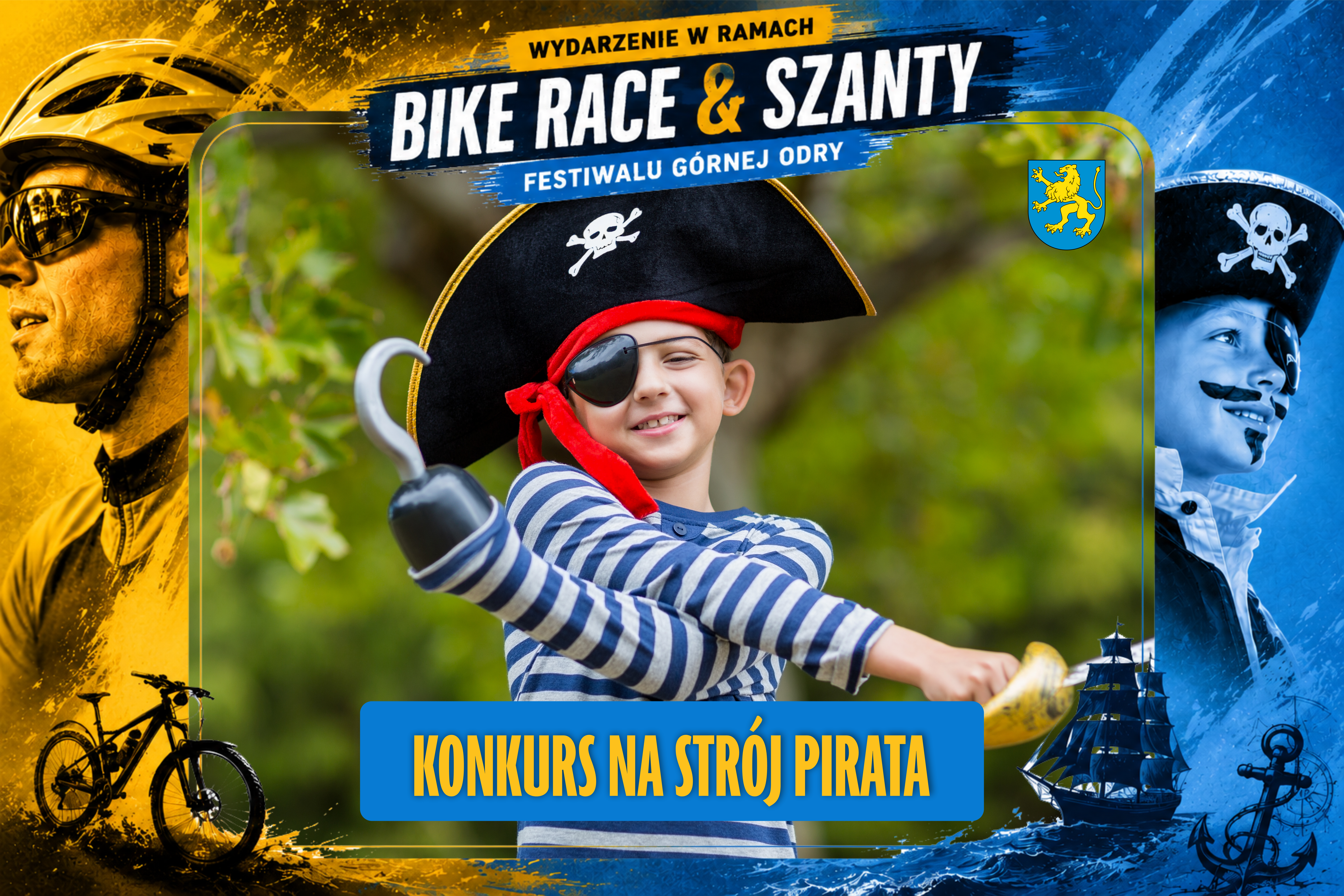 Baner z&nbsp;chłopcem przebranym w&nbsp;str&oacute;j pirata z&nbsp;akcentami kolorystycznymi nawiązującymi do plakatu z&nbsp;wydarzenia