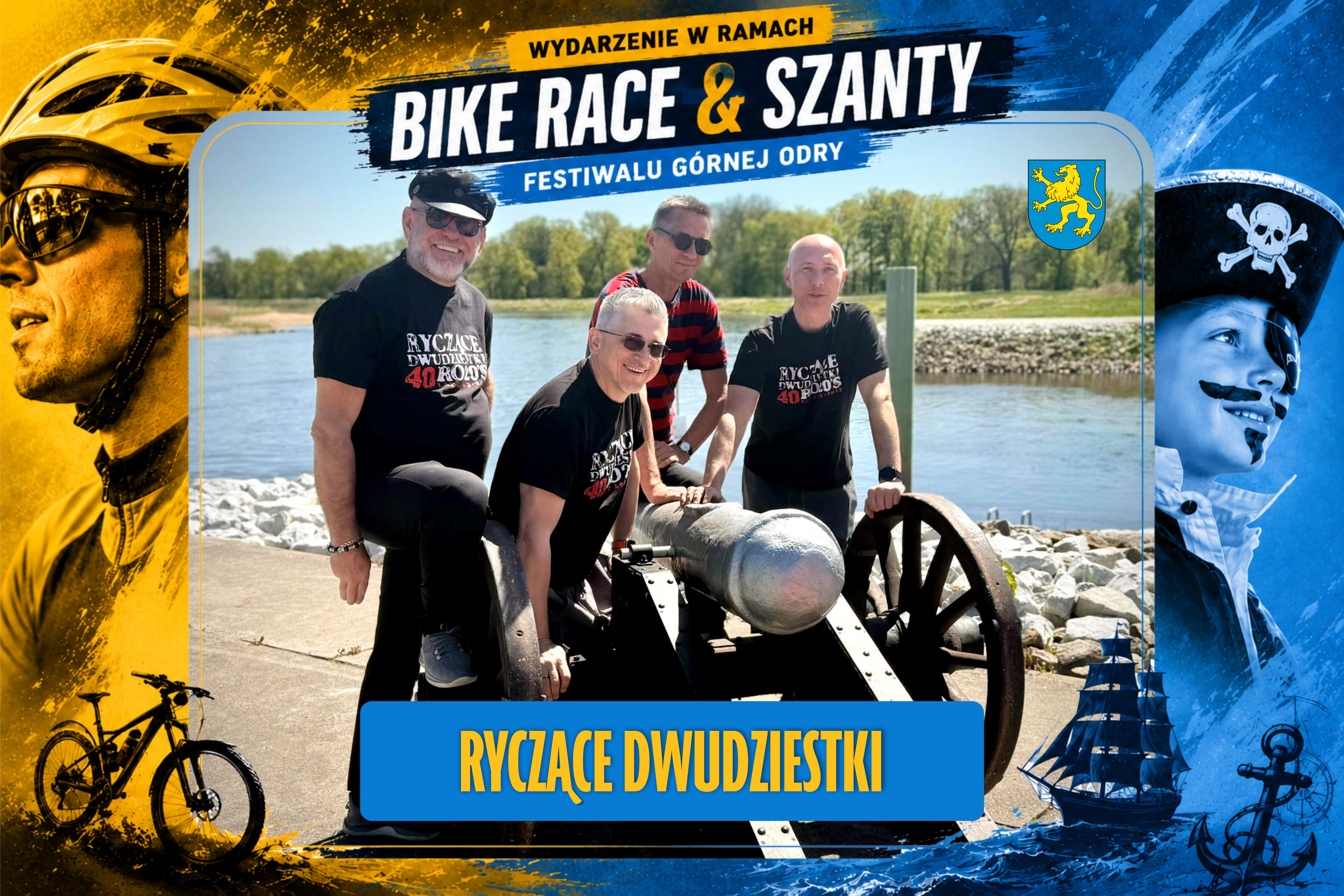 Ramka w&nbsp;kolorach wydarzenia Bike Race & Szanty ż&oacute;łto-niebieska, w&nbsp;środku zdjecie czterech męzczyzn pozujących przy armacie, członk&oacute;w zespołu Ryczące Dwudziestki