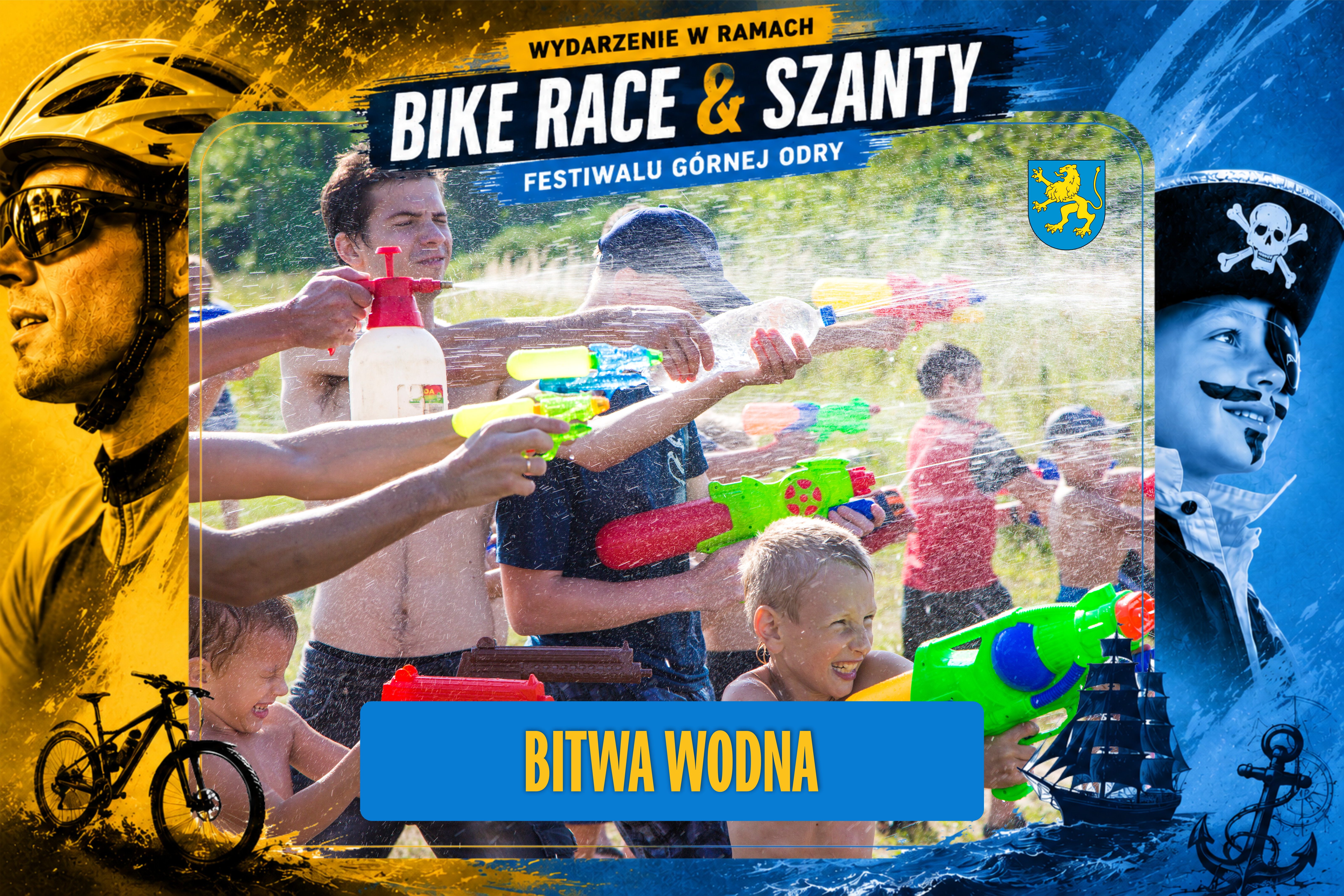 Ramka w&nbsp;kolorystyce wydarzenia Bike Race & Szanty - ż&oacute;łto-niebieska, w&nbsp;środku zdjęcie dzieci i&nbsp;dorosłych podczas lania się wodą z&nbsp;pistolet&oacute;w na&nbsp;wodę, podpis "BITWA WODNA"