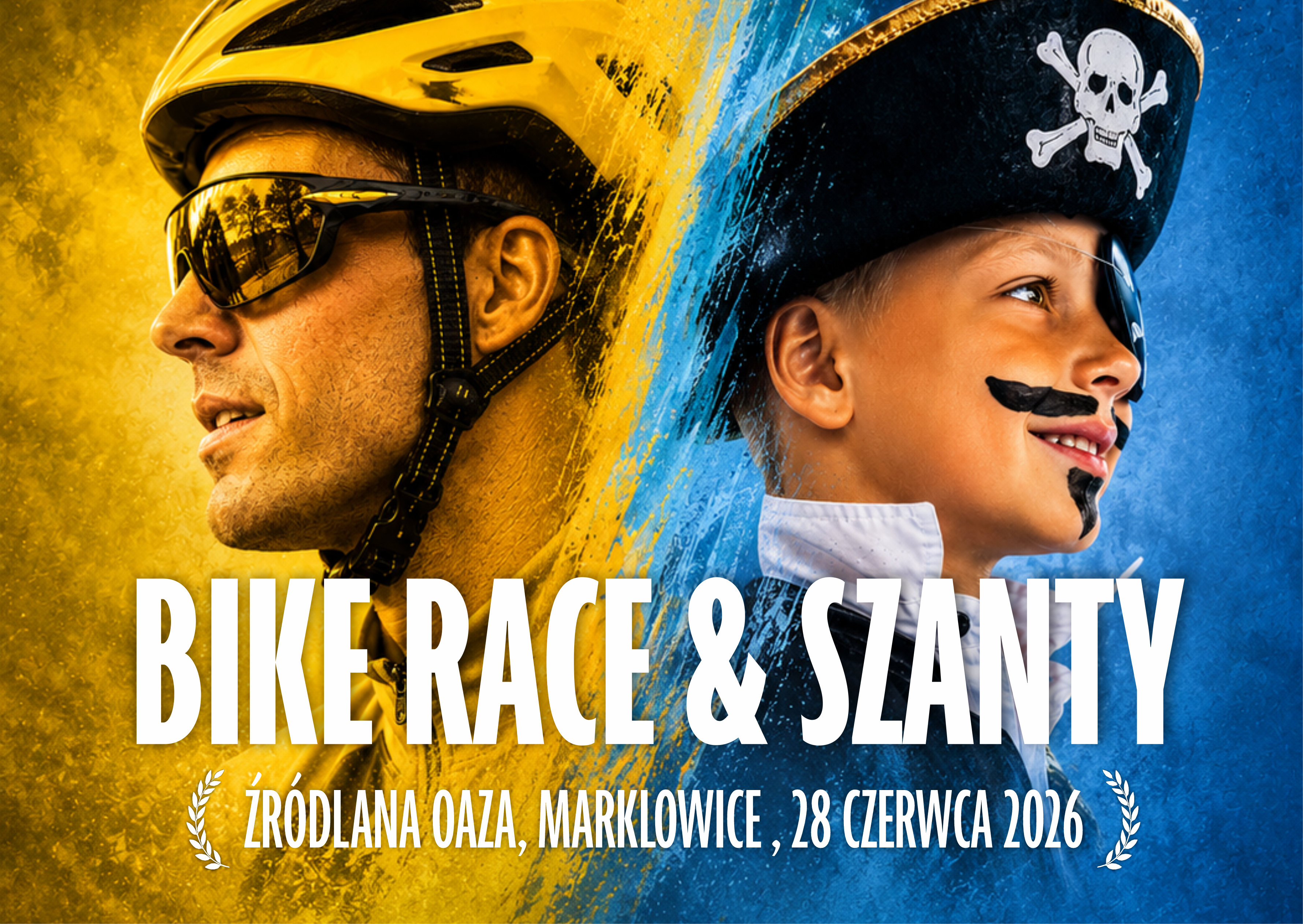 Pomarańczowe i&nbsp;niebieskie tło, a&nbsp;na nim kolarz i&nbsp;dziecko przebrane za pirata, napis Bike Race & Szanty