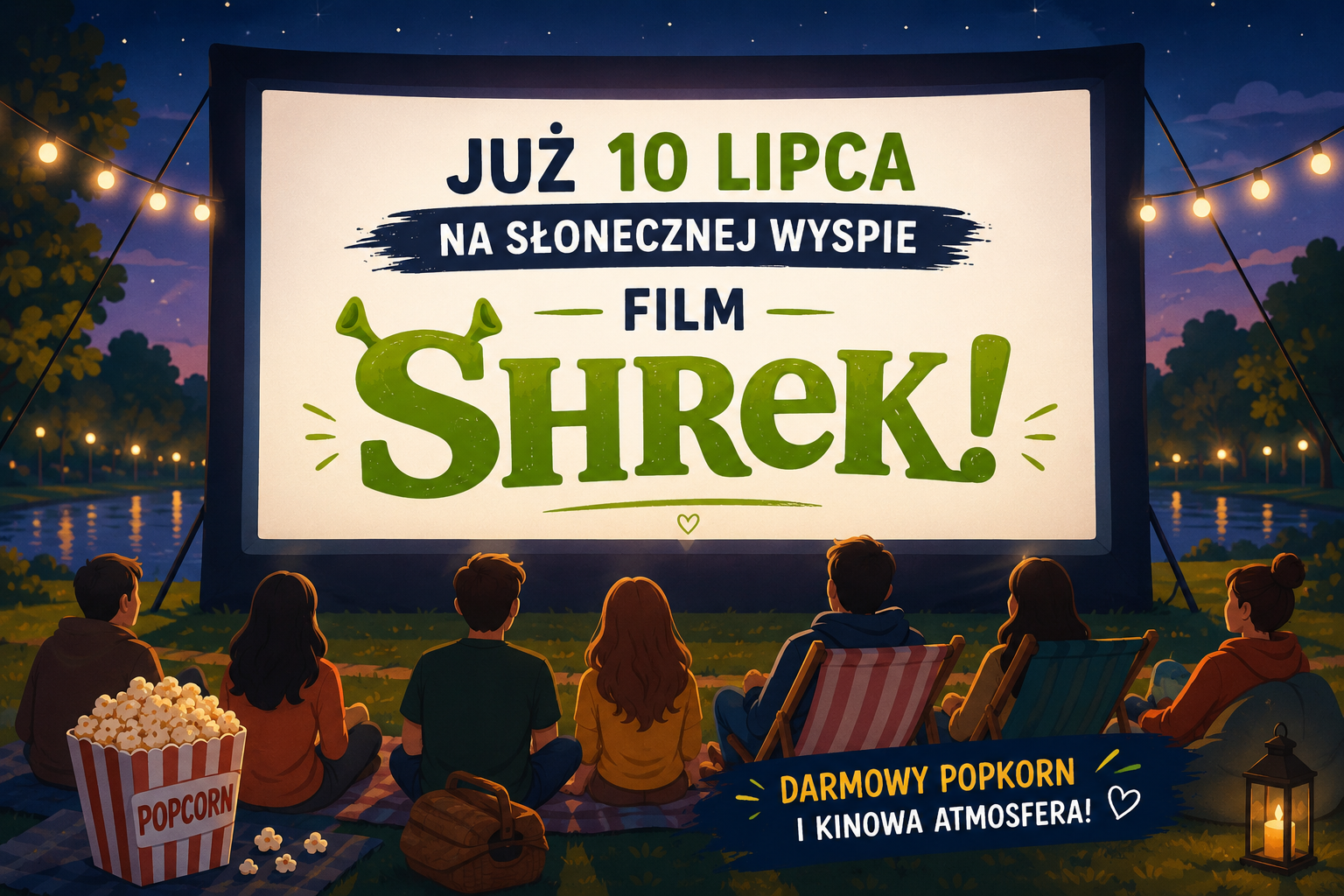Ilustracja z&nbsp;dużym ekranem na&nbsp;kinie plenerowym z&nbsp;nazwą wyświetlanego filmu, ponizej ekranu siedzą tyłem widzowie, panuje p&oacute;łmrok, ciemność rozswietla jasny ekran i&nbsp;nastrojowe girlndy lampek