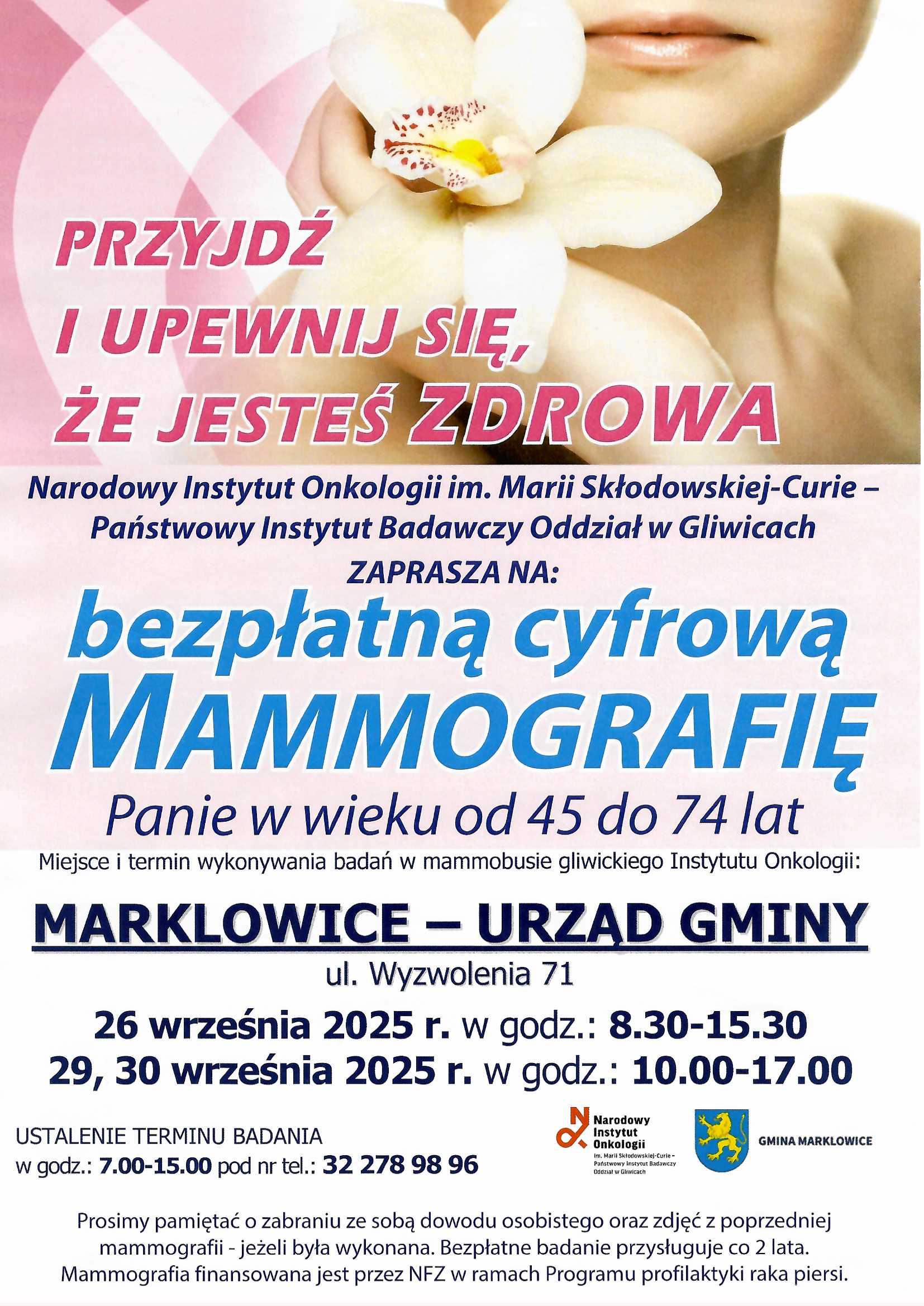 Plakat zapraszający do udziału w&nbsp;bezpłatnym badaniu mammograficznym