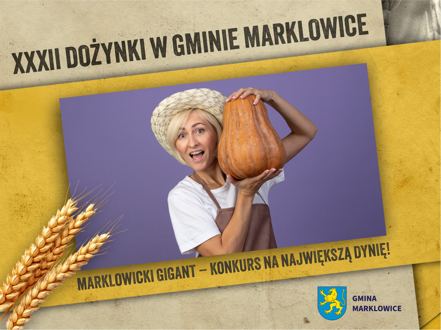 Ozdobna ramka nawiązująca do stylistyki plakatu na&nbsp;tegoroczne Dożynki w&nbsp;Gminie Marklowice, w&nbsp;środku zdjęcie z&nbsp;kobietą trzymającą w&nbsp;rękach dynię, na&nbsp;fioletowym tle