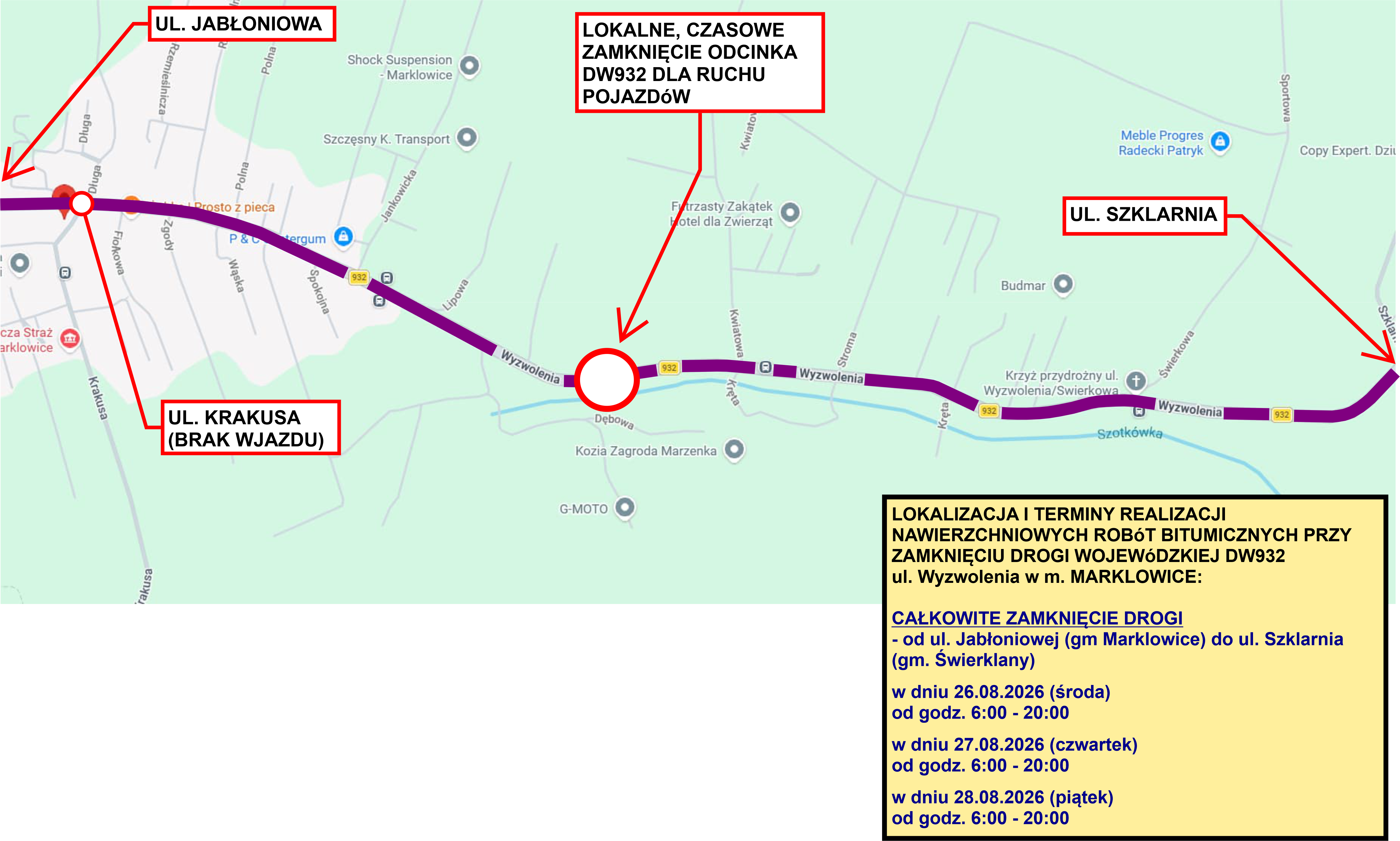Mapa Marklowic z&nbsp;zaznaczoną drogą ul. Wyzwolenia i&nbsp;wskazaniem odcinka drogi, kt&oacute;ra będzie zamknięta w&nbsp;dniach 26-28 sierpnia