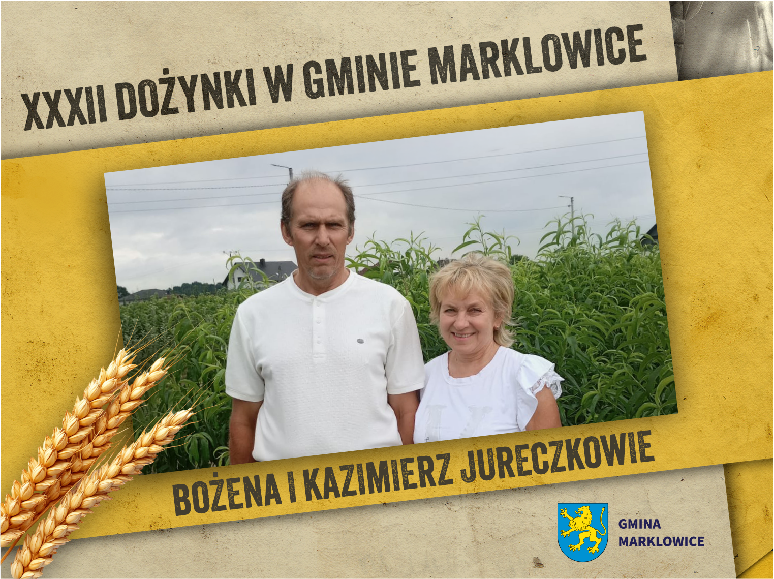 Zdjęcie kobiety i&nbsp;mężczyzny w&nbsp;ozdobnej ramce, starostowie tegorocznych dożynek w&nbsp;Gminie Marklowice