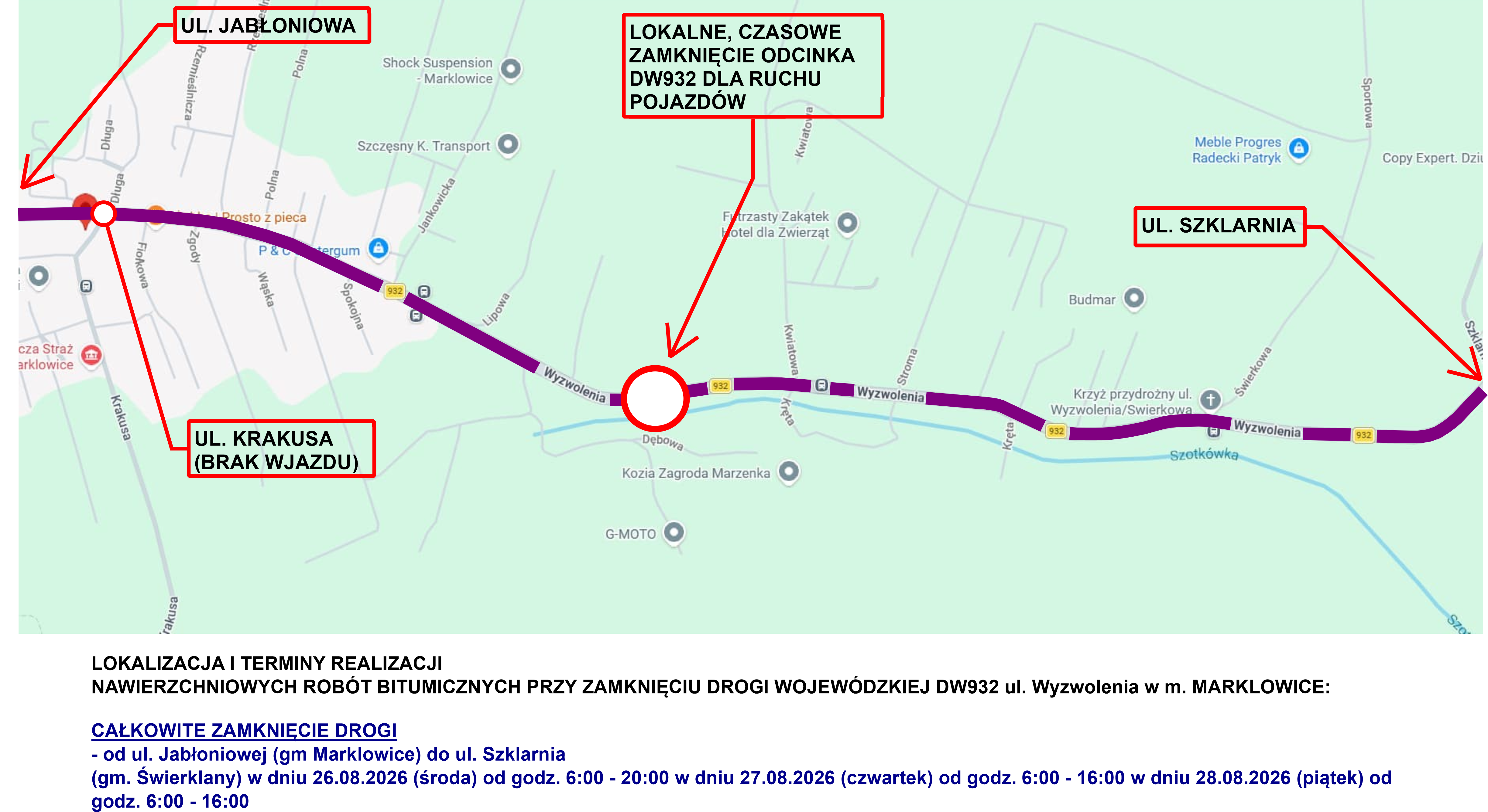 Mapa Marklowic z&nbsp;zaznaczonym remontowanym odcinkiem ulicy Wyzwolenia, kt&oacute;ra będzie zamknięta dla ruchu