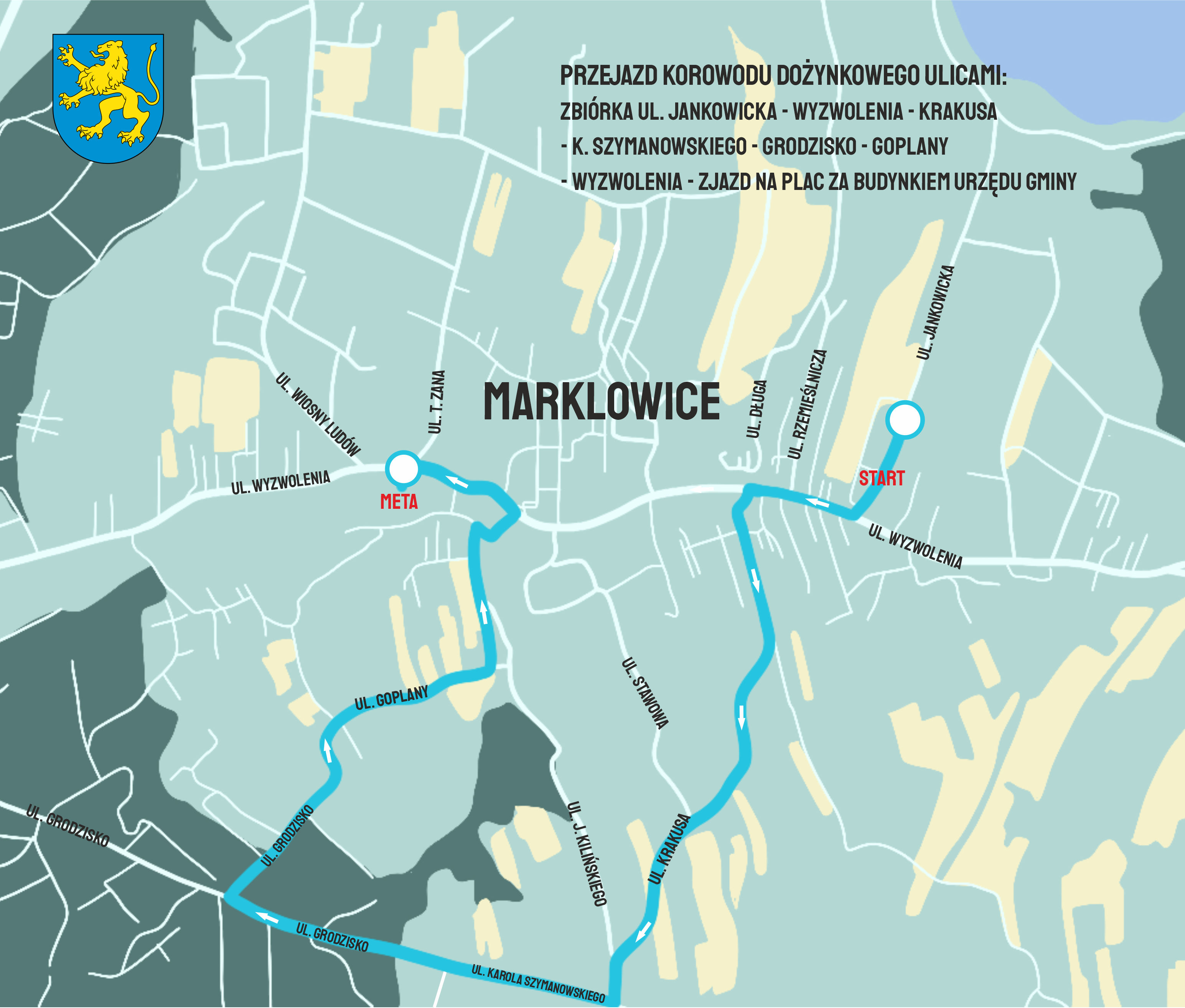 Mapa z&nbsp;trasą przejazdu korowodu dożynkowego