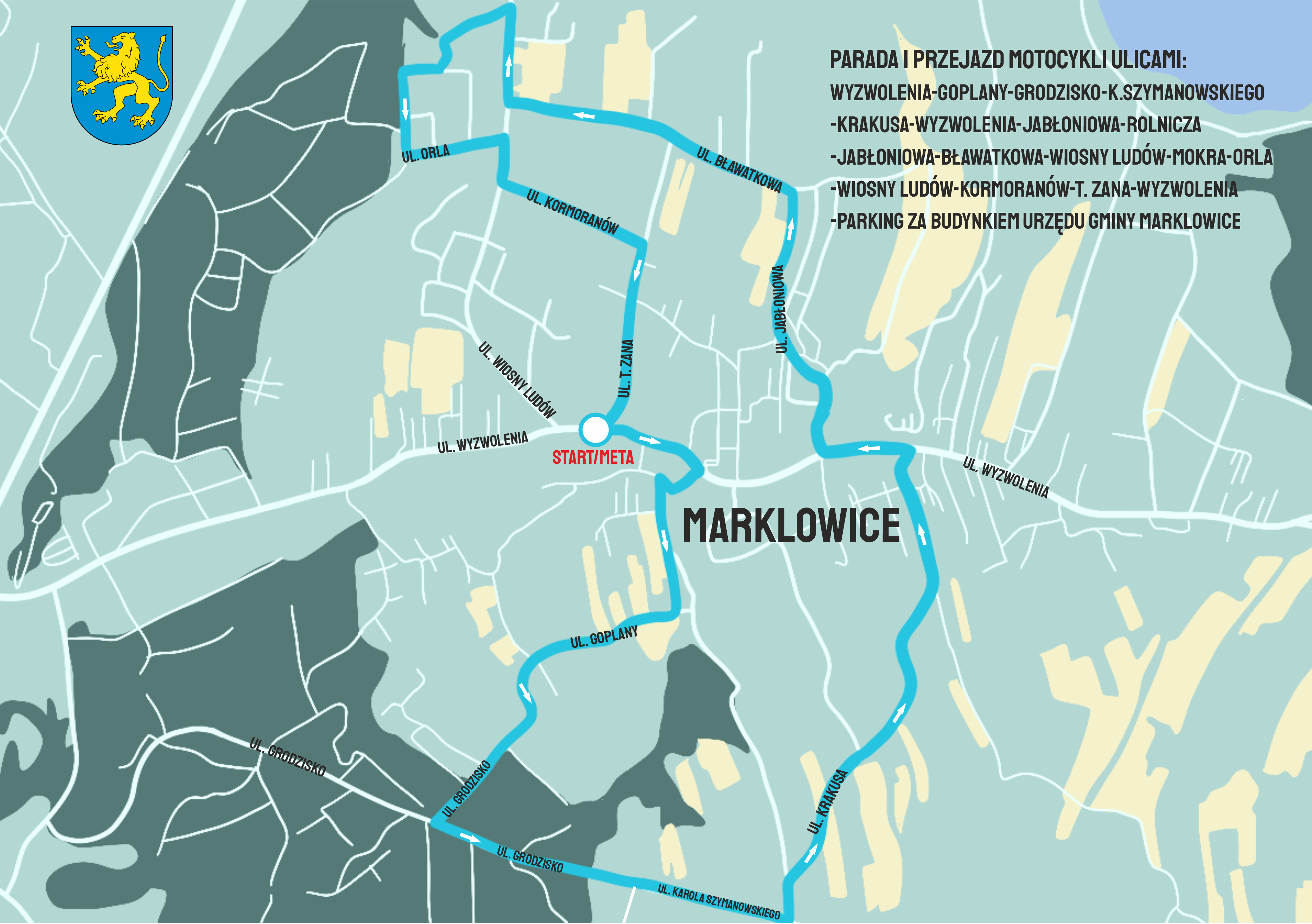 Mapa obrazująca trasę przejazdu parady motocykli