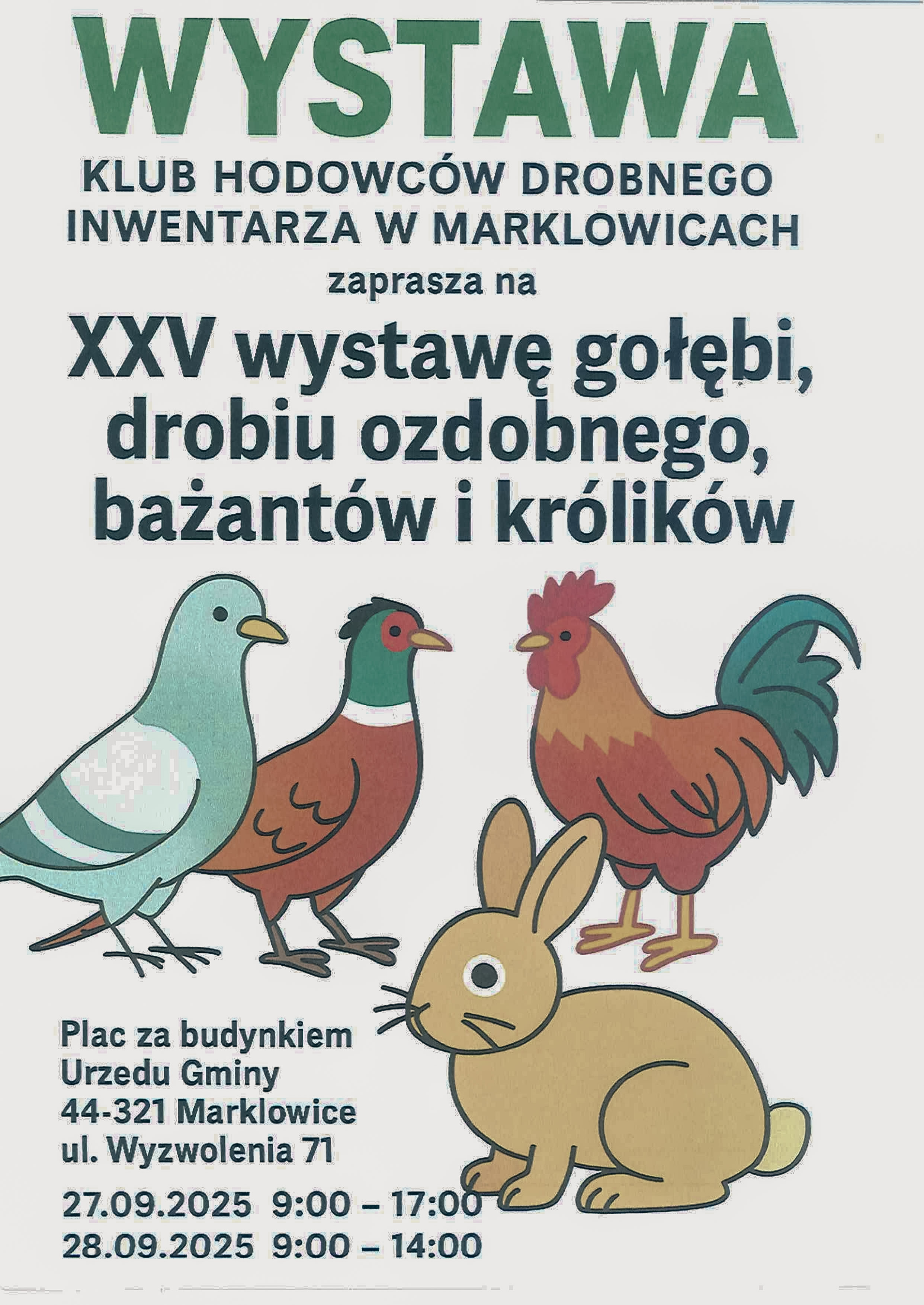 Plakat do wystawy z&nbsp;kresk&oacute;wkową podobizną kr&oacute;lika, bażanta, gołębia i&nbsp;koguta