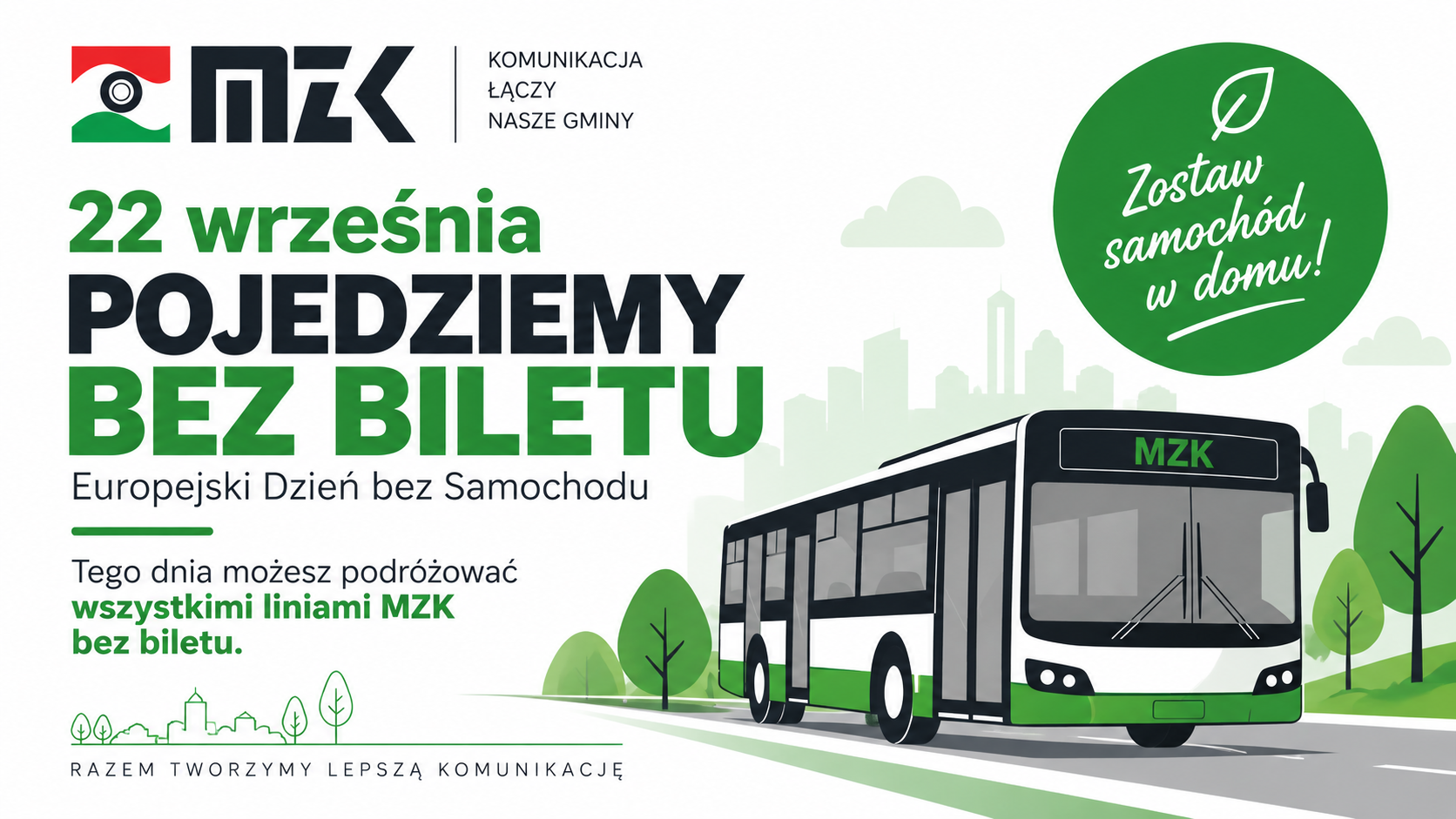 Płaska grafika autobusu, logo MZK i&nbsp;informacja 22 września Europejski dzień bez samochodu - tego dnia możesz podr&oacute;żować wszystkimi liniami MZK bez biletu