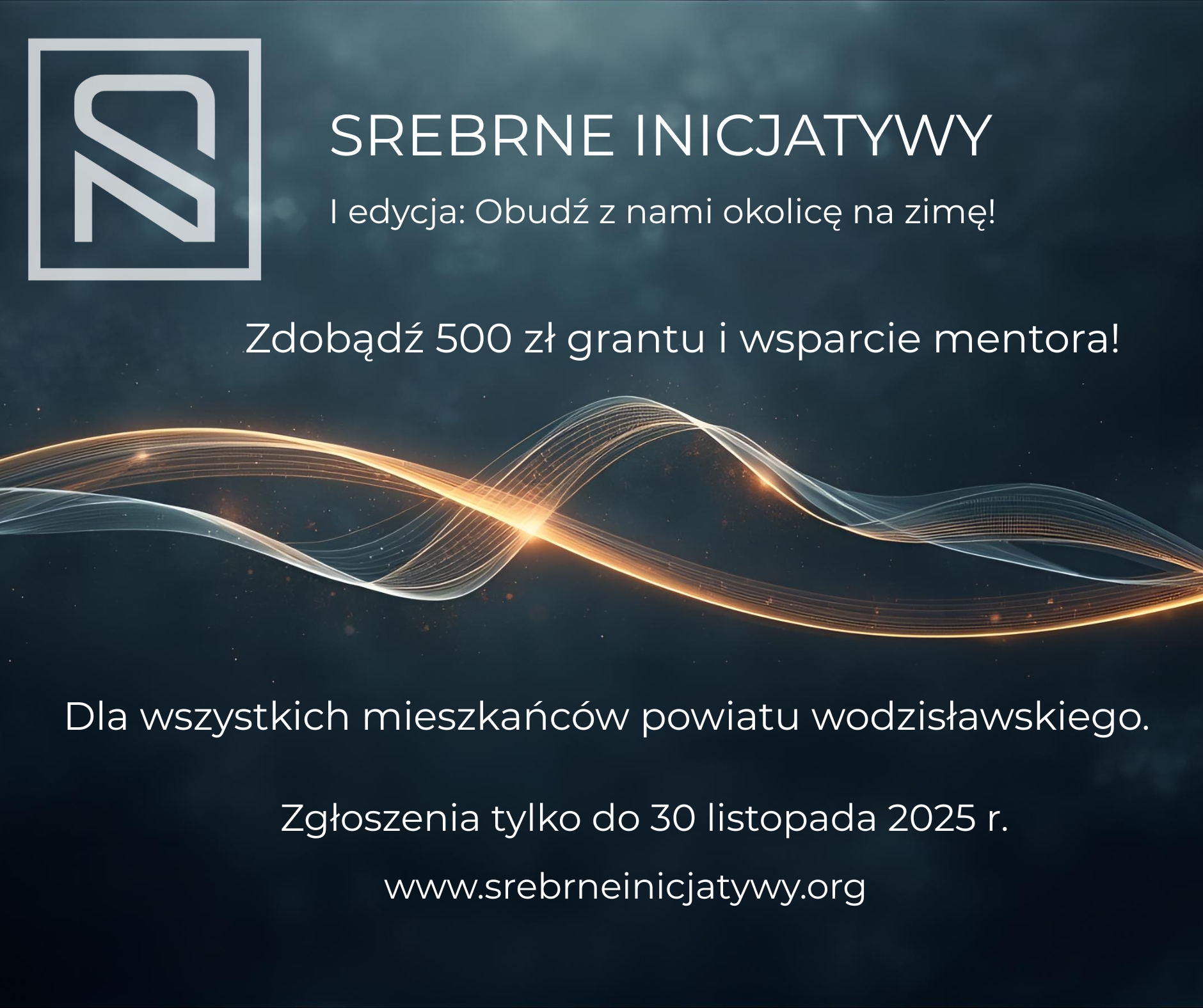 Na ciemnym tle srebrzyste, falowane linie, niekt&oacute;re jasne i&nbsp;świetliste, logo stowarzyszenia "Srebrne Nici" oraz&nbsp;informacja o&nbsp;prowadzonej inicjatywie 