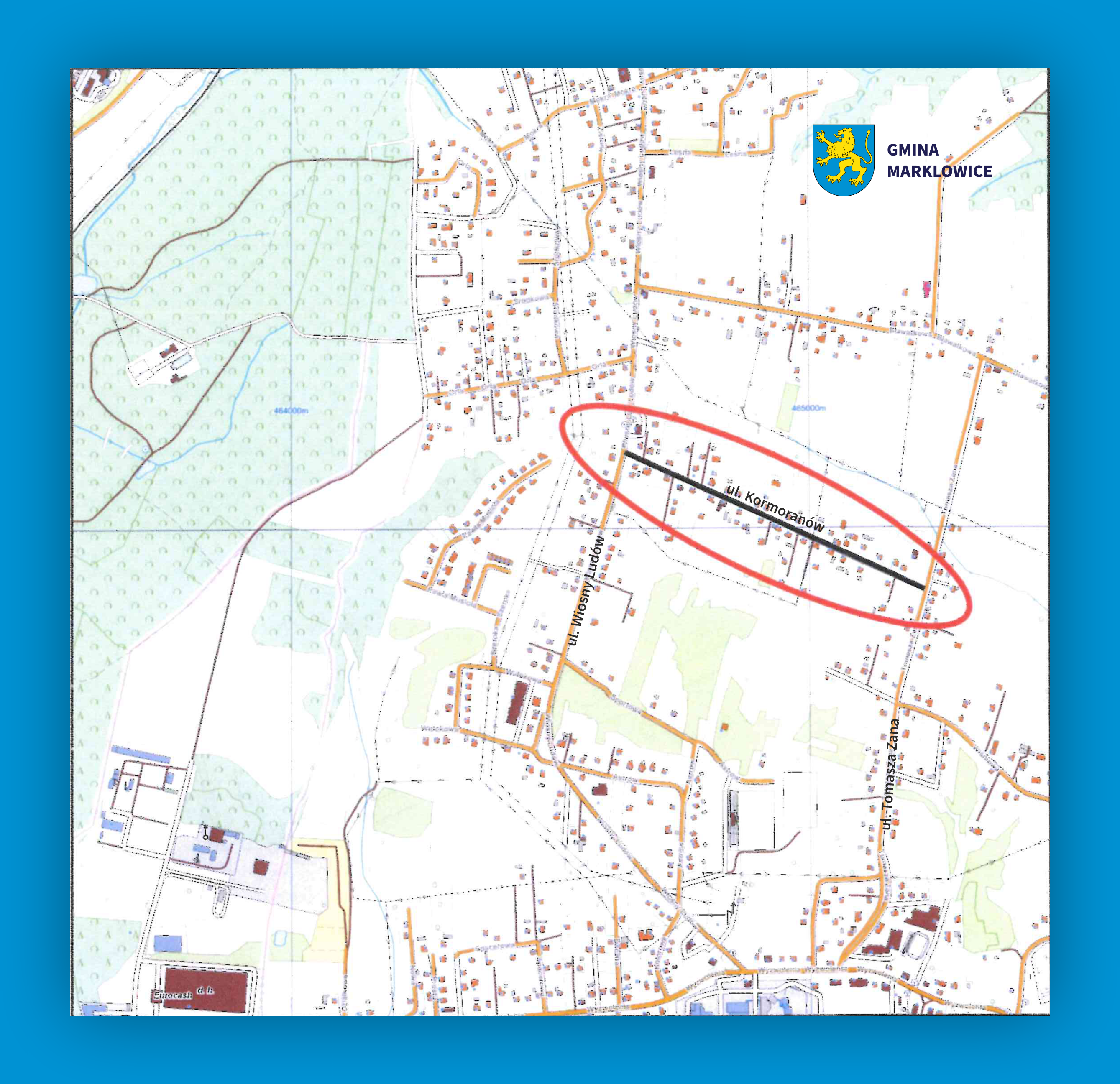 Fragment mapy Marklowic z&nbsp;zaznaczoną ul. Kormoran&oacute;w