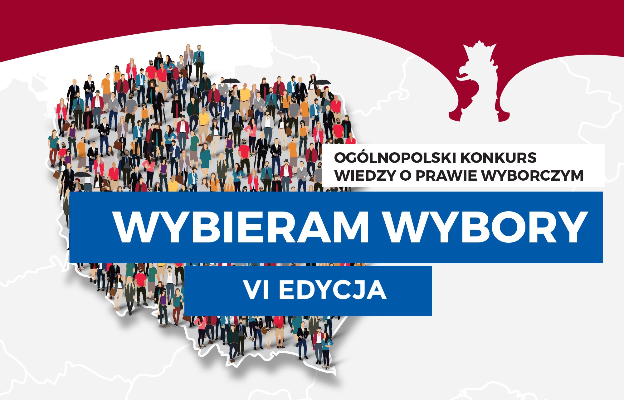 Graficznie przedstawione postacie stoją na&nbsp;obrysie granicy Polski, dużymi literami nazwa konkursu "Wybieram Wybory"