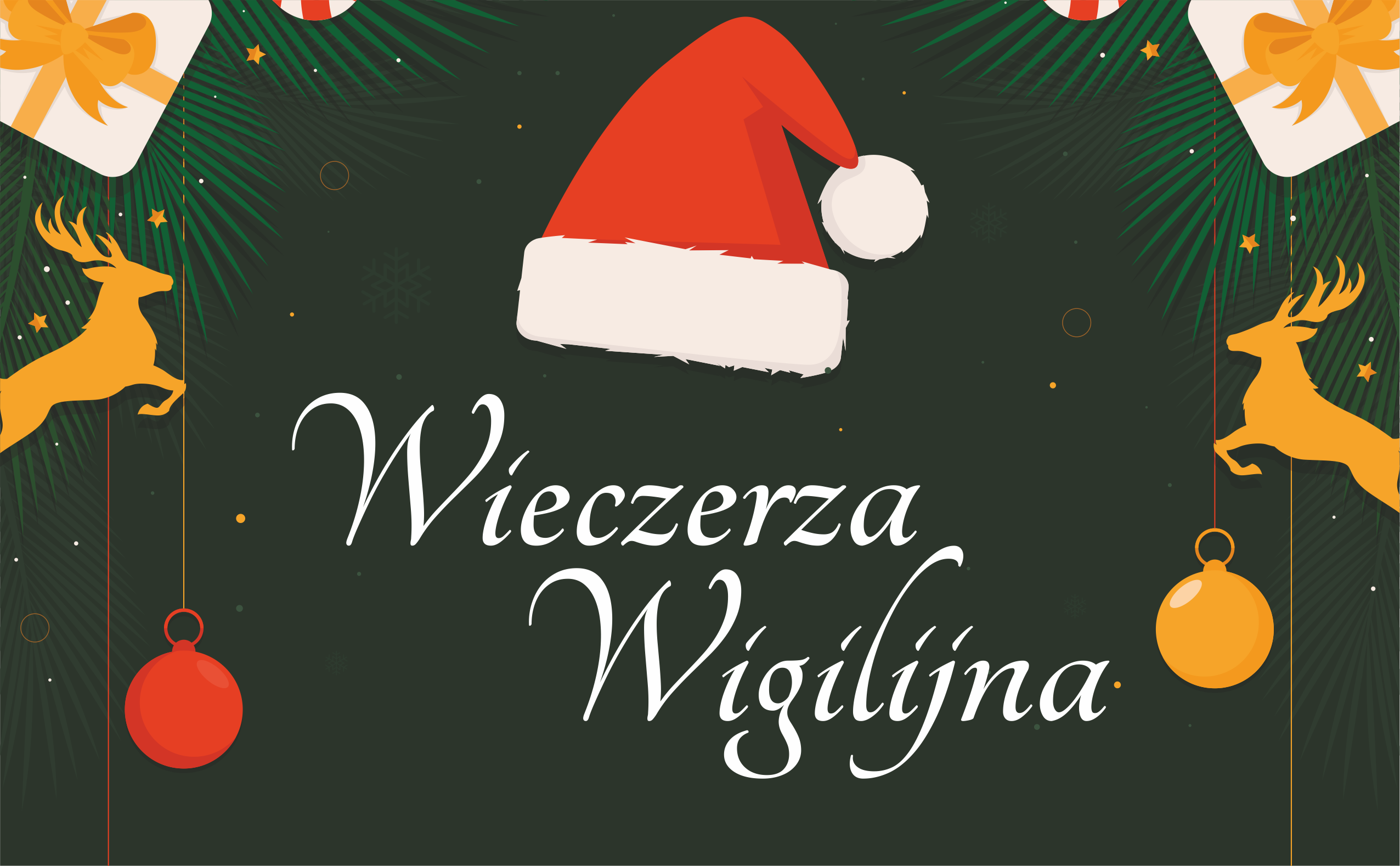 Napis Wieczerza Wigilijna na&nbsp;zielonym tle, z&nbsp;dodatkami świątecznymi