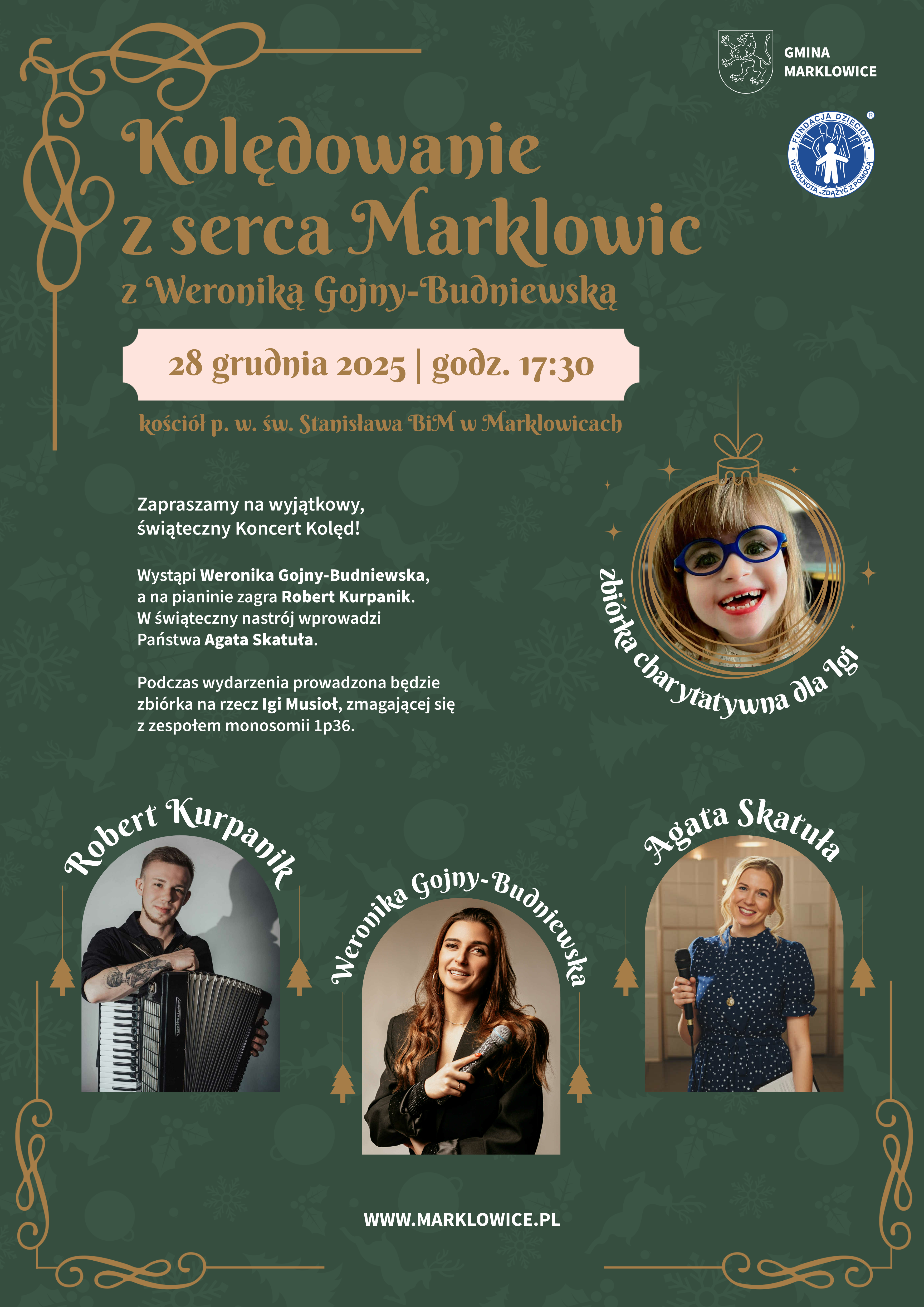 Plakat do wydarzenia "Kolędowanie z&nbsp;serca Marklowic z&nbsp;Weroniką Gojny-Budniewską"