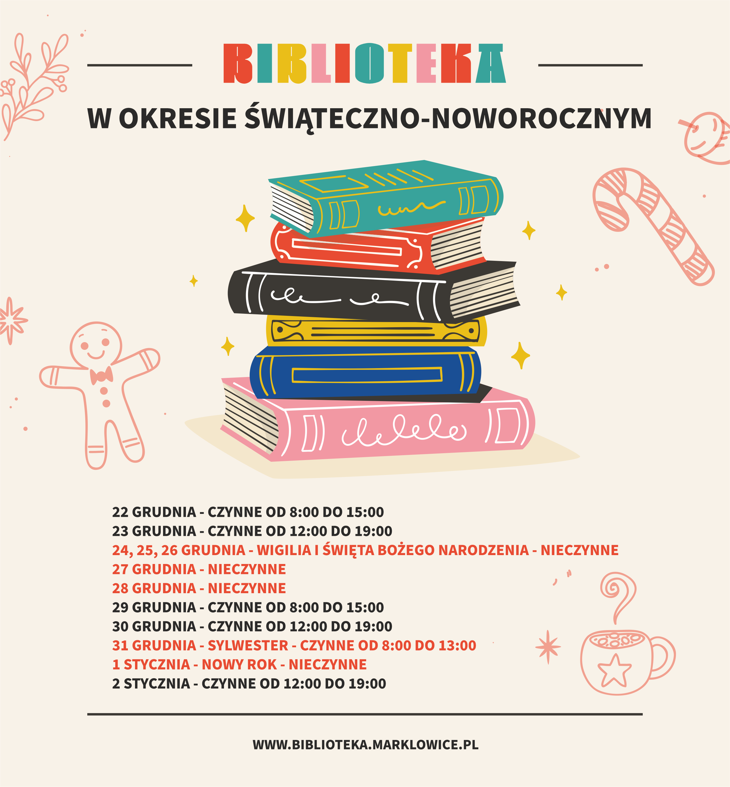 Grafika z&nbsp;rozpisanym harmonogramem pracy biblioteki w&nbsp;okresie świąteczno-noworocznym