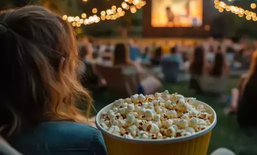 Ludzie siedzący na leżakach na trawie, oglądają wyświetlany film na dużym białym ekranie, w centrum zdjęcia duży pojemnik z popcornem