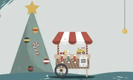 Na zielonym tle choinka bożonarodzeniowa z bombkami, gwiazdą i cukrową laską, obok drewniane stoisko jarmarkowe ze świątecznymi wyrobami, zaproszenie dla wystawców do udziału w 'Kolędowaniu pod chmurką'