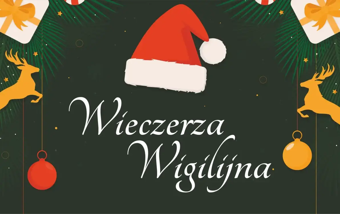 Napis Wieczerza Wigilijna na zielonym tle, z dodatkami świątecznymi
