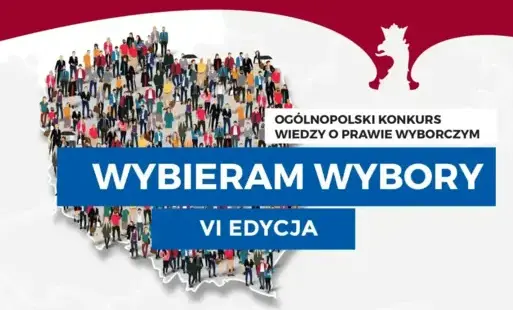 Graficznie przedstawione postacie stoją na obrysie granicy Polski, dużymi literami nazwa konkursu "Wybieram Wybory"