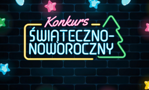 Na ciemnym tle neonowy, kolorowy napis "KONKURS ŚWIĄTECZNO-NOWOROCZNY", obok napisu kolorowe gwiazdki i lampki