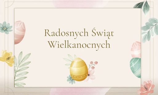Grafika w pastelowych kolorach z kolorowymi pisankami, kwiatkami i zielonymi gałązkami z napisem: Radosnych Świąt Wielkanocnych