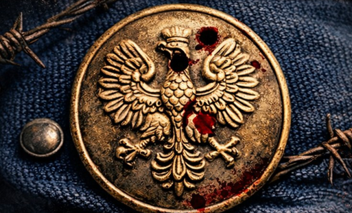 Fragment munduru wraz z ozdobnym guzikiem z godłem Polski, ze śladami krwi, obok dwa fragmenty drutu kolczastego