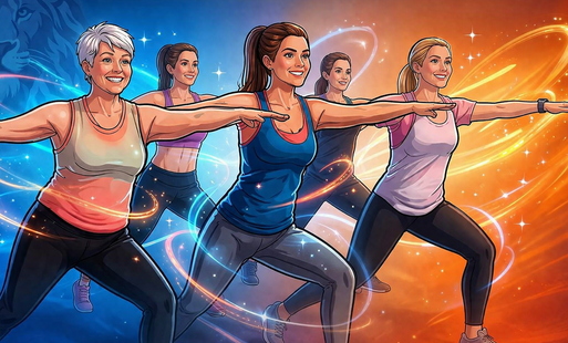 Grafika komputerowa z paniami w różnym wieku, które ćwiczą w strojach sportowych