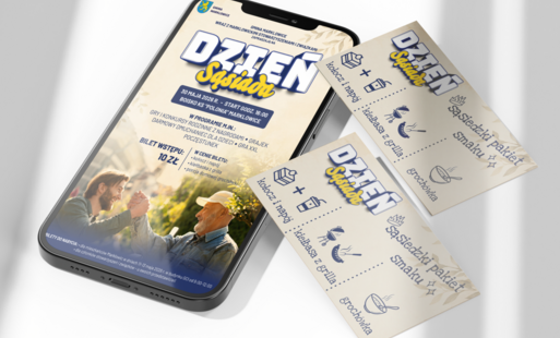 Telefon leży na blacie, na nim wyświetla się plakat na Dzień Sąsiada, obok leżą bilety na Dzień Sąsiada