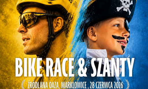 Pomarańczowe i niebieskie tło, a na nim kolarz i dziecko przebrane za pirata, napis Bike Race & Szanty