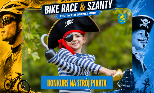 Baner z chłopcem przebranym w strój pirata z akcentami kolorystycznymi nawiązującymi do plakatu z wydarzenia
