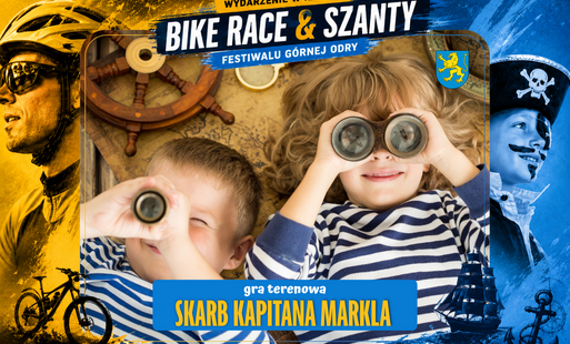 Ramka do zdjęcia z motywem przewodnim wydarzenia "Bike Race & Szanty", w środku zdjęcie dwójki dzieci w biało niebieskich koszulkach z lunetami przytkniętymi do oczu