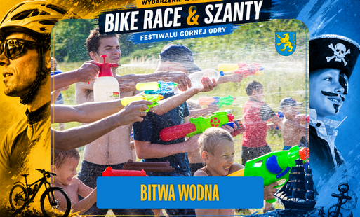 Ramka w kolorystyce wydarzenia Bike Race & Szanty - żółto-niebieska, w środku zdjęcie dzieci i dorosłych podczas lania się wodą z pistoletów na wodę, podpis "BITWA WODNA"