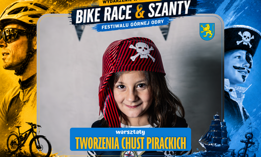 Ramka w kolorach wydarzenia BIKE RACE & SZANTY żółto-niebieska, w niej zdjęcie dziecka przebranego za pirata w pirackiej chuście na głowie