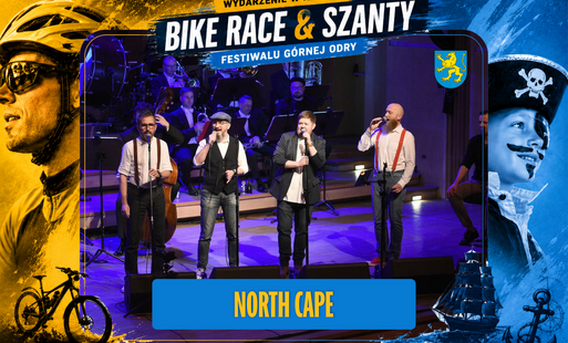 Ramka w kolorach wydarzenia BIKE RACE & SZANTY żółto-niebieska, w niej zdjęcie dziecka przebranego za pirata w pirackiej chuście na głowie