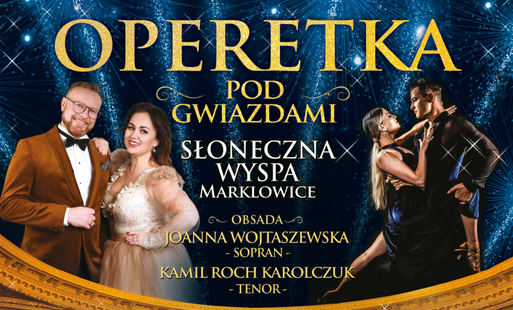 Na granatowym gwiaździstym tle dwie pary - kobieta i mężczyzna, jedna para tańczy, druga pozuje i usmiecha się do zdjęcia