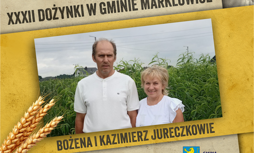 Zdjęcie kobiety i mężczyzny w ozdobnej ramce, starostowie tegorocznych dożynek w Gminie Marklowice